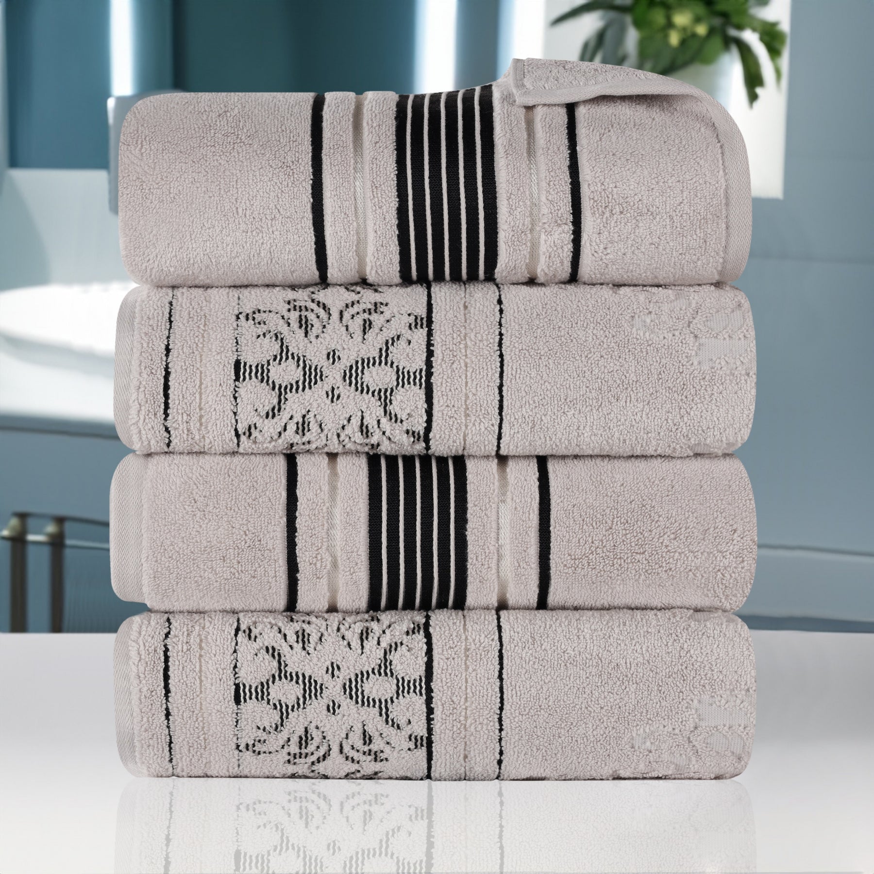 Superior Sadie Zero Twist Cotton Floral Bath Towel Set of 4 , Ultra Soft Towels, Platinum