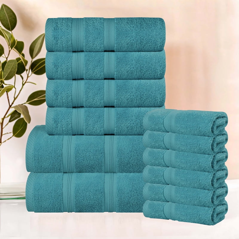 Superior Smart Dry 12-Piece Zero Twist Soft Cotton Towel Set, Quick Dry Fade Resistant, Turquoise