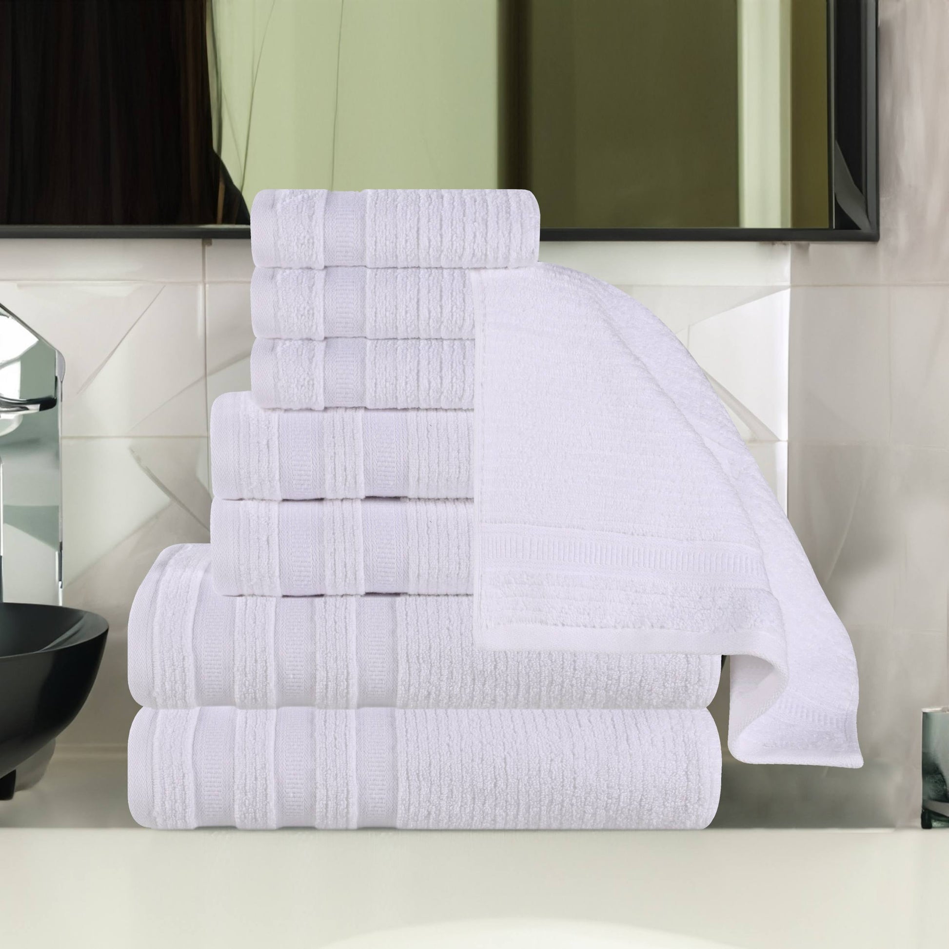 Superior Zero Twist Cotton Ribbed Geometric 8-Piece Towel Set, Ultra Soft Quick Dry, White