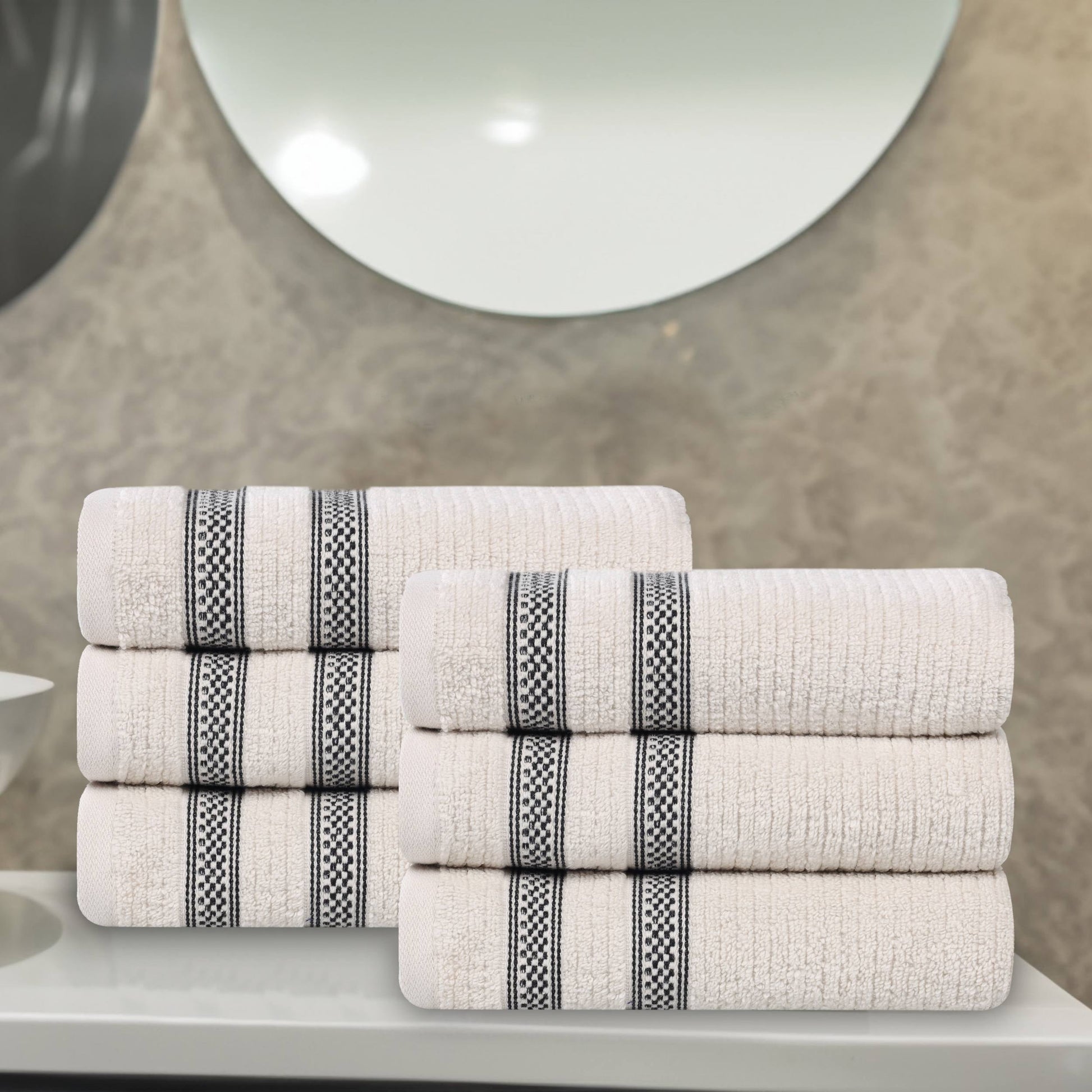 Superior Zero Twist Cotton Ribbed Geometric Hand Towel Set of 6, Ultra Soft Quick Dry, Stone