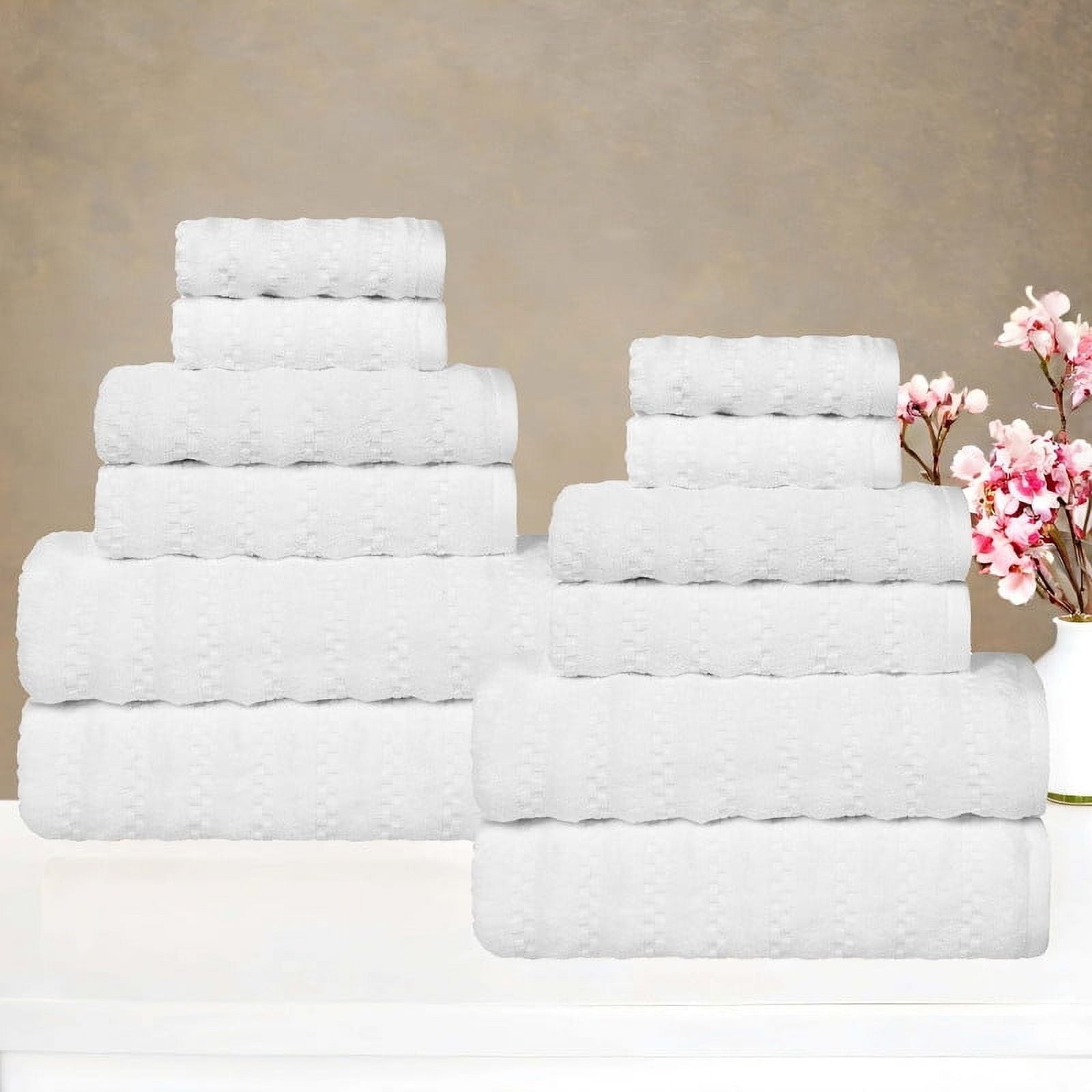 Superior Zuma Waffle Textured Stripes Cotton 12 Piece Towel Set, Zero Twist Absorbent Towels, White