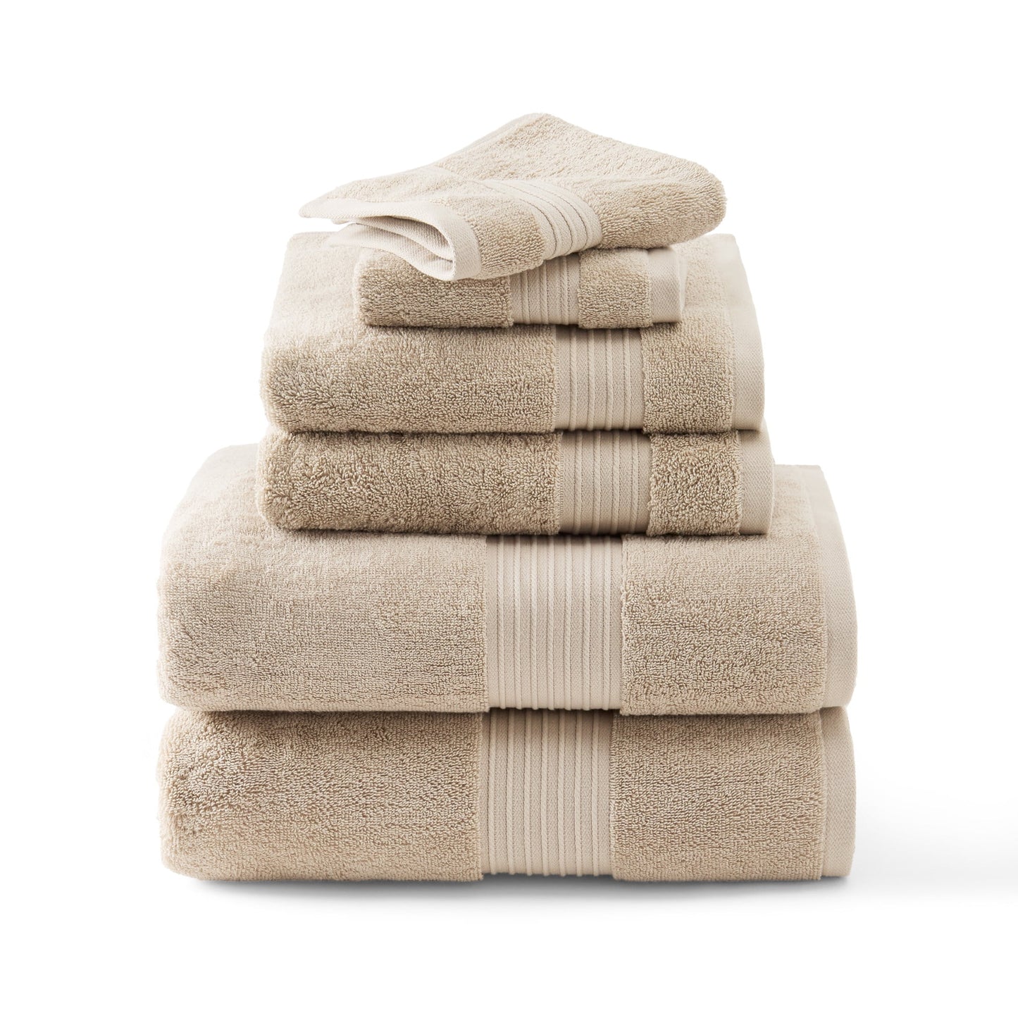TOWN & COUNTRY EVERYDAY 6-Piece Assorted Solid Dobby Border Set, 2-Bath Towels, 2-Hand Towels, 2-Washcloths, 100% Cotton, Plush & Absorbent 650GSM, Beige