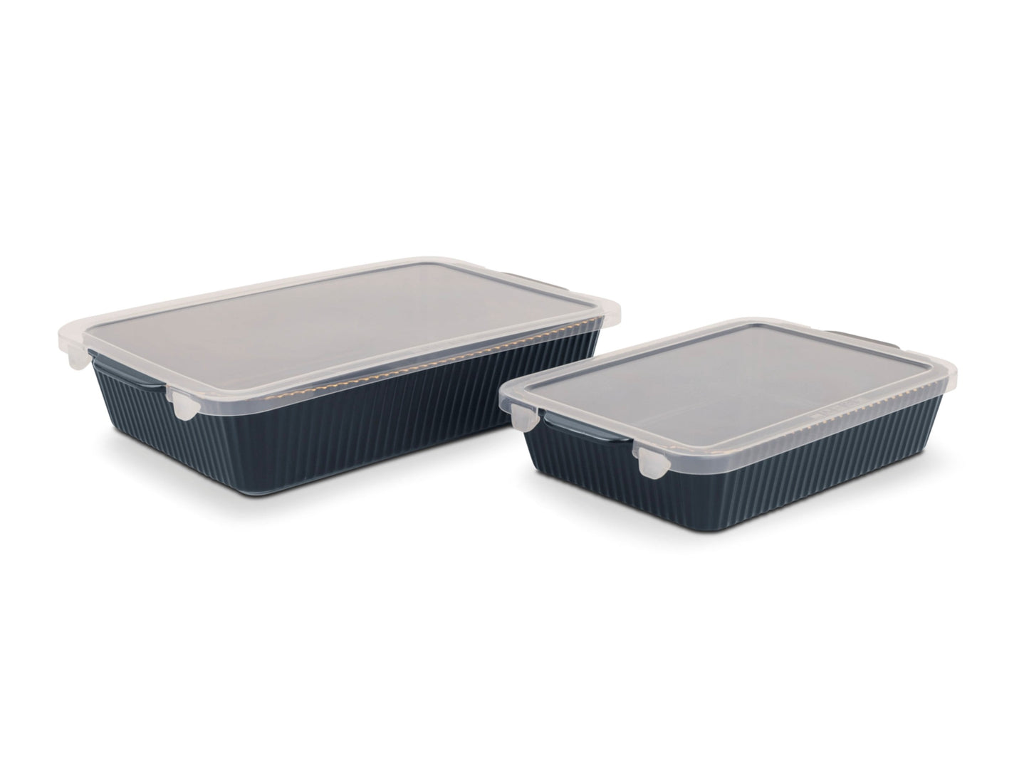 Thyme & Table 4-Piece Stoneware Bakeware Set, Includes Lids, 9"x13" , 7"x10" Bakers With Lids , Atlantic Blue Ribbed