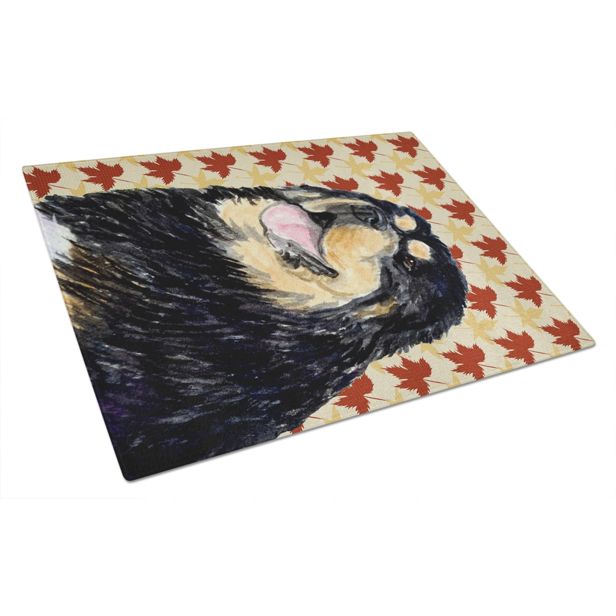 Tibetan Mastiff Fall Leaves Portrait Glass Cutting Board Large