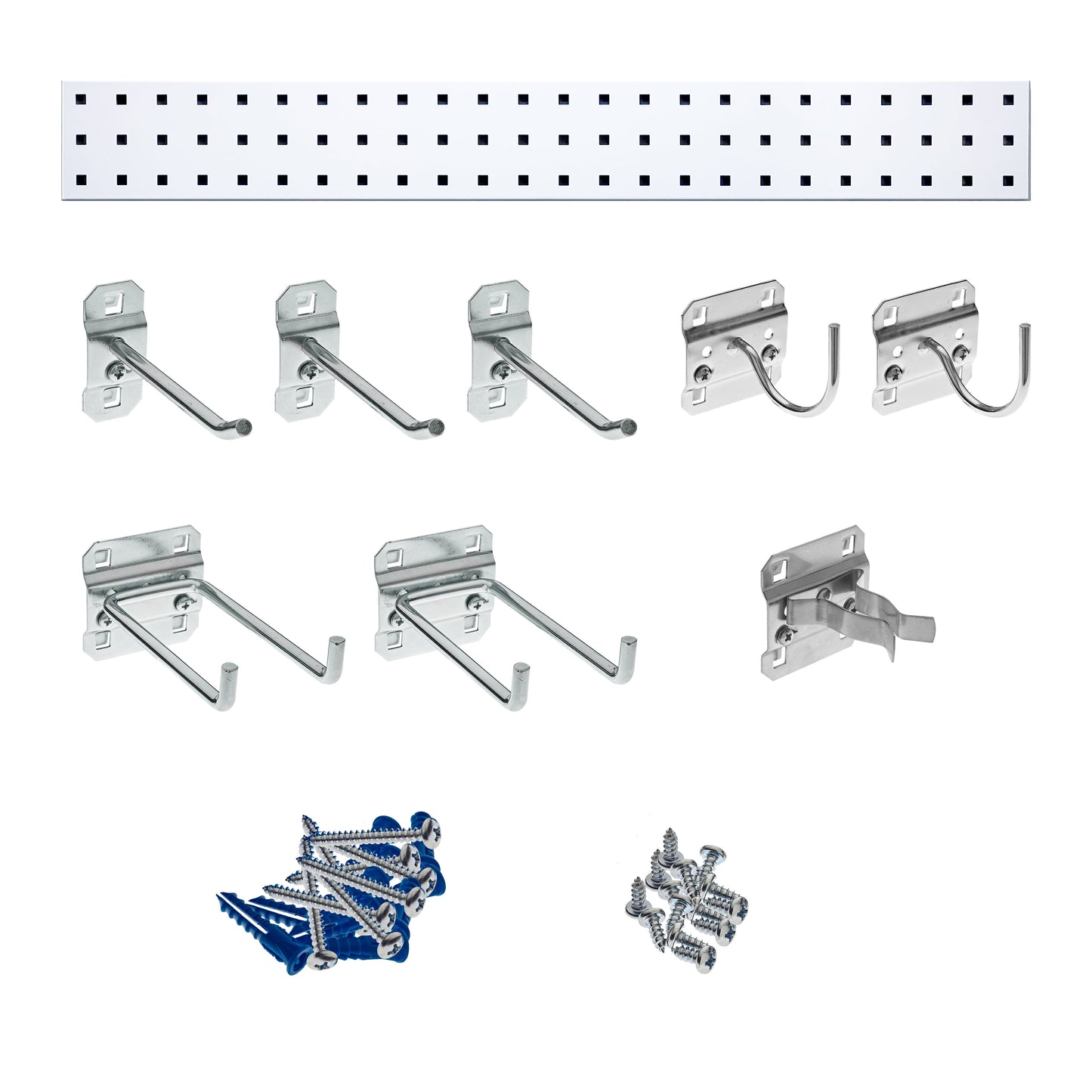Triton ProductsÂ® White Garden Pegboard Kit with (1) 36 In. x 4.5 In. 18 Gauge Steel Square Hole Pegboard and 8 pc LocHook Assortment