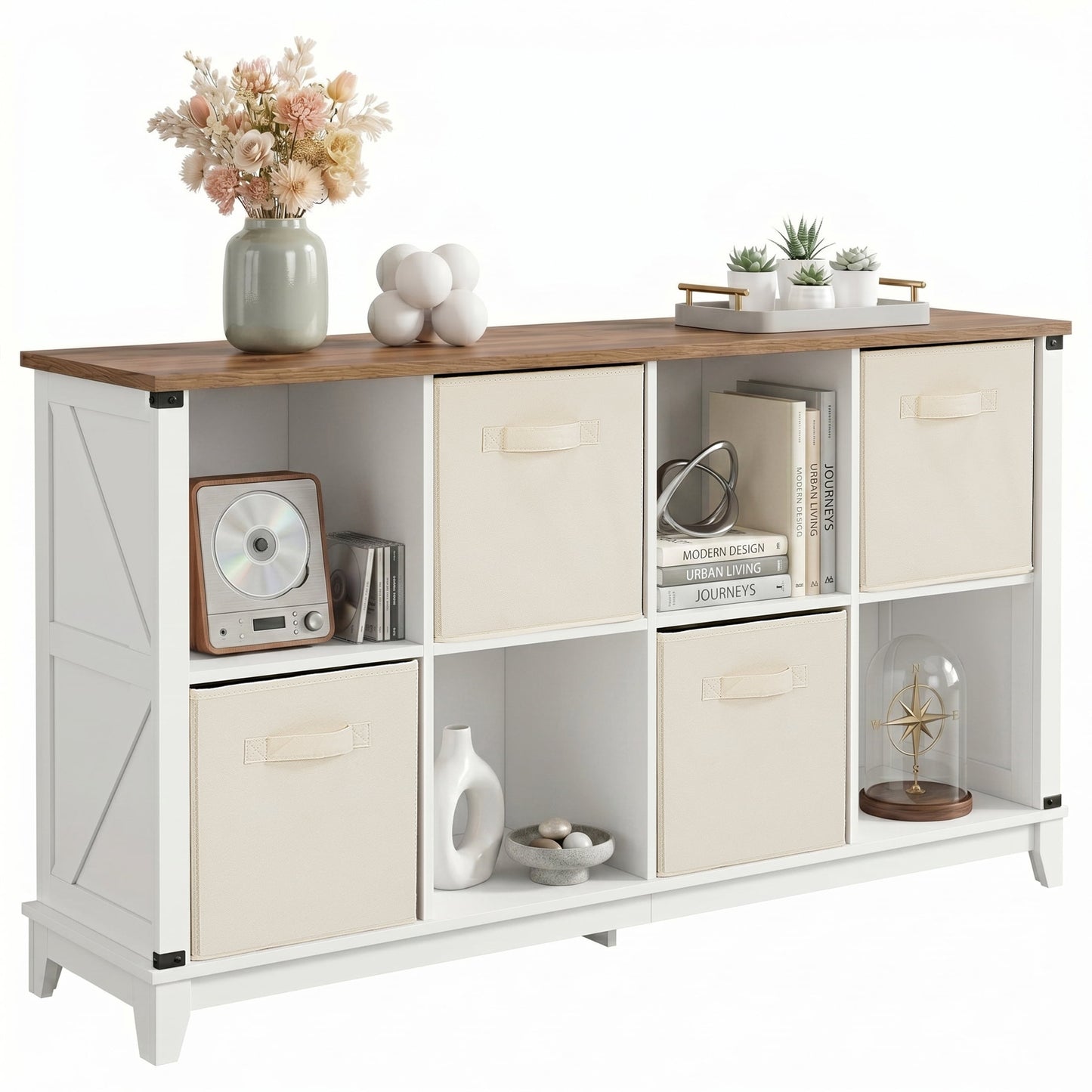 TrumanPick 8-Cube Storage Organizer with 4 Storage Bins, Farmhouse Wooden Horizontal Bookshelf, Cube Bookcase for Living Room Bedroom Home Office, White
