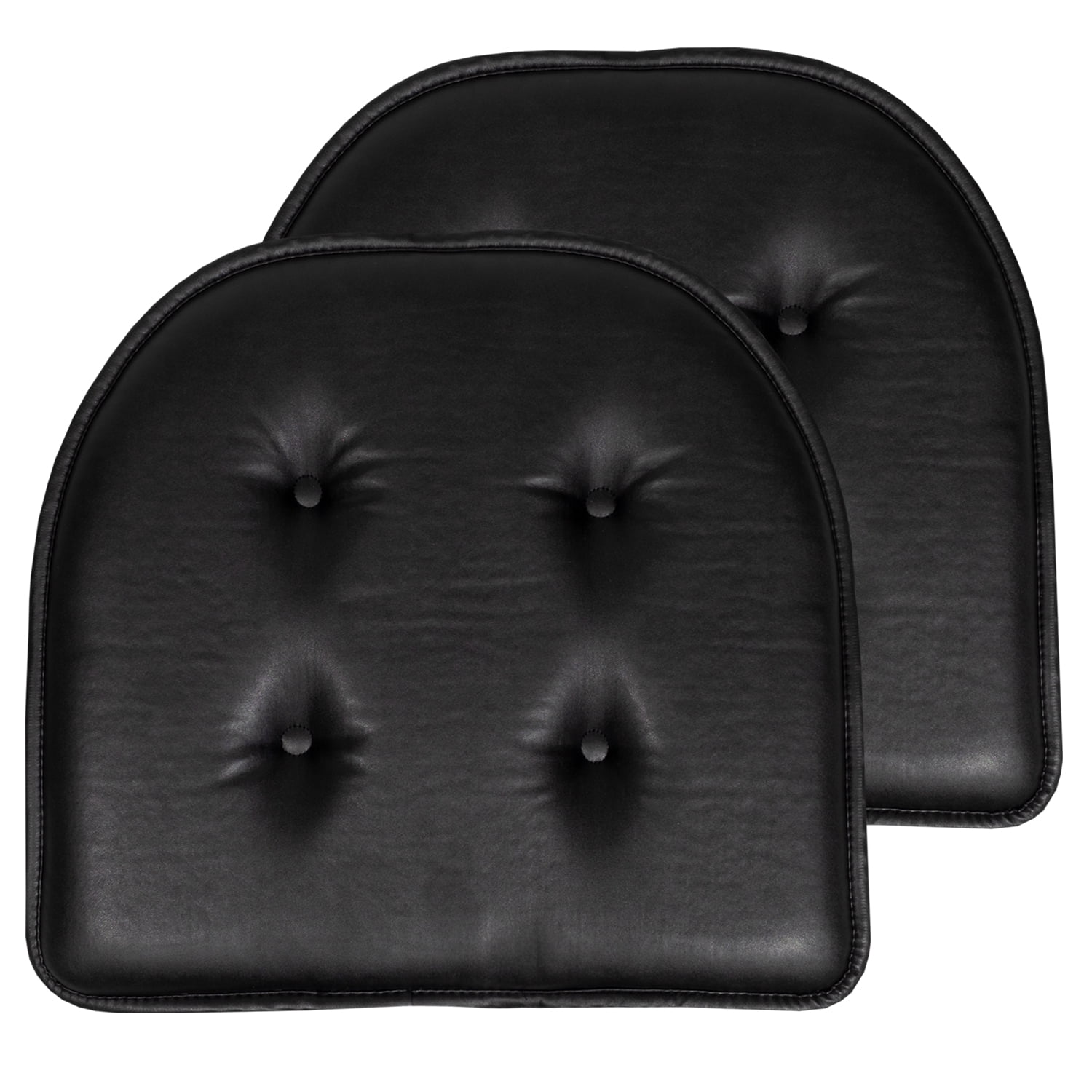 U-Shaped Memory Foam No Slip Back 16 x 17 Faux Leather Chair Pad Cushion 2 Pack - Black