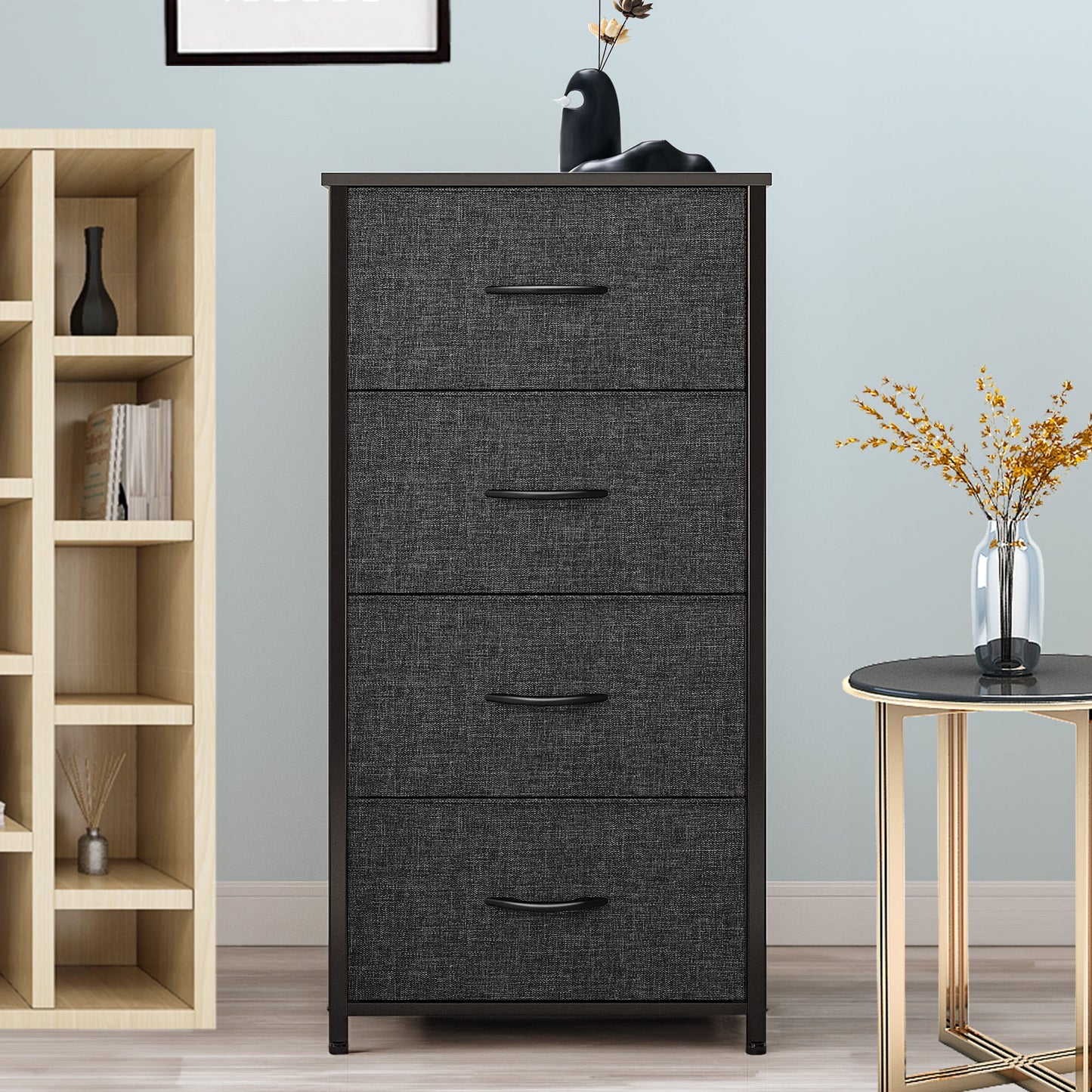 Uforic 4 Drawer Dresser Fabric Chest of Drawers Furniture Storage Organizer for Living Room,Bedroom,Hallway,Nursery Black Grey