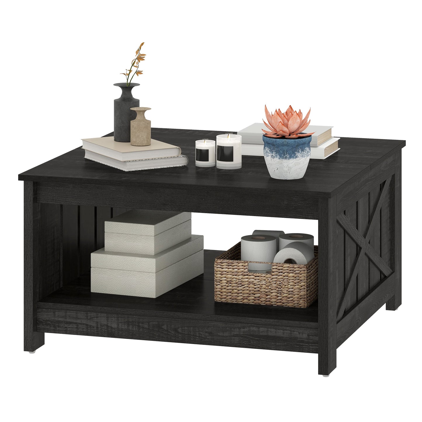 Uforic Coffee Table with Storage Shelf for Living Room, Farmhouse Center Table, Black Oak