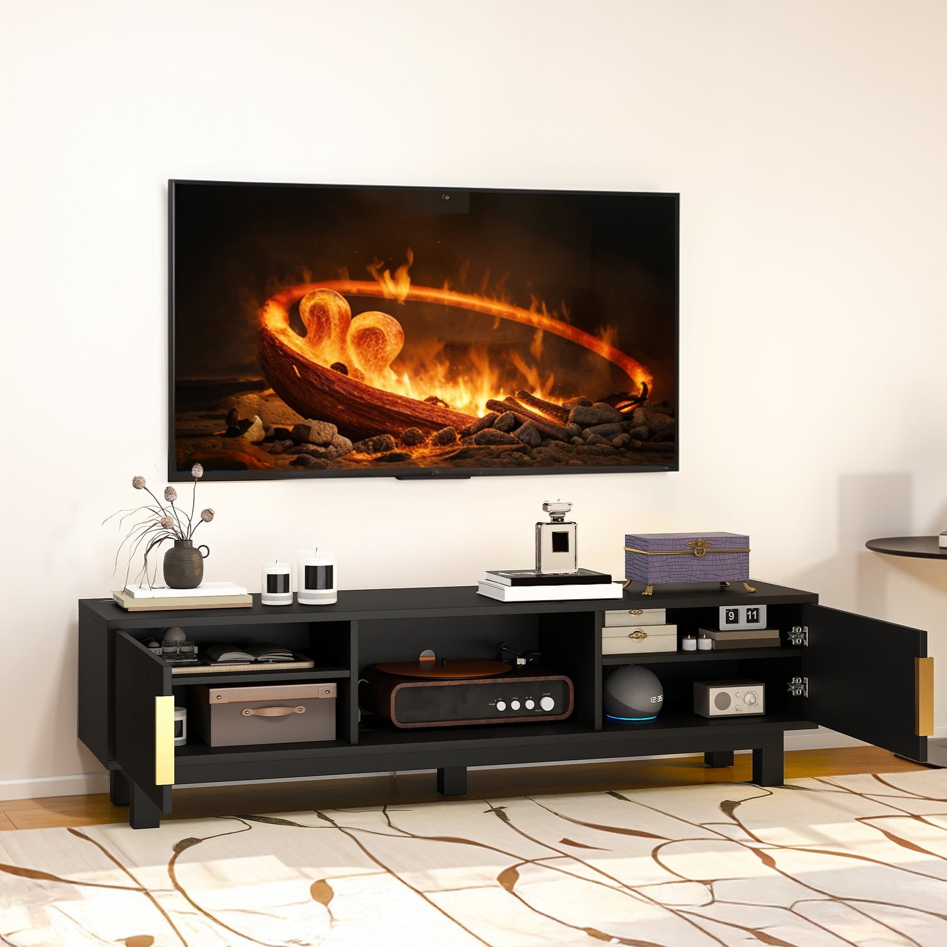 Uforic Fluted TV Stand for 65" TVs, Modern Living Room Media Console with Adjustable Shelf & Power Outlets, Walnut