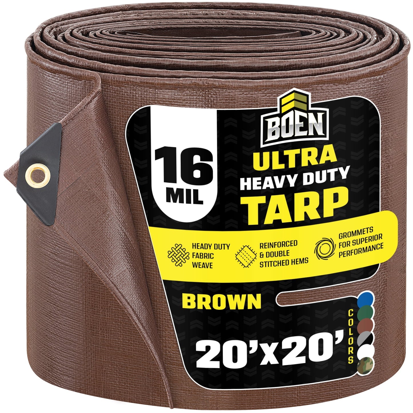 BOEN Ultra Heavy-Duty Tarp, 20 ft x 20 ft, 16 Mil Thick, Brown, Waterproof