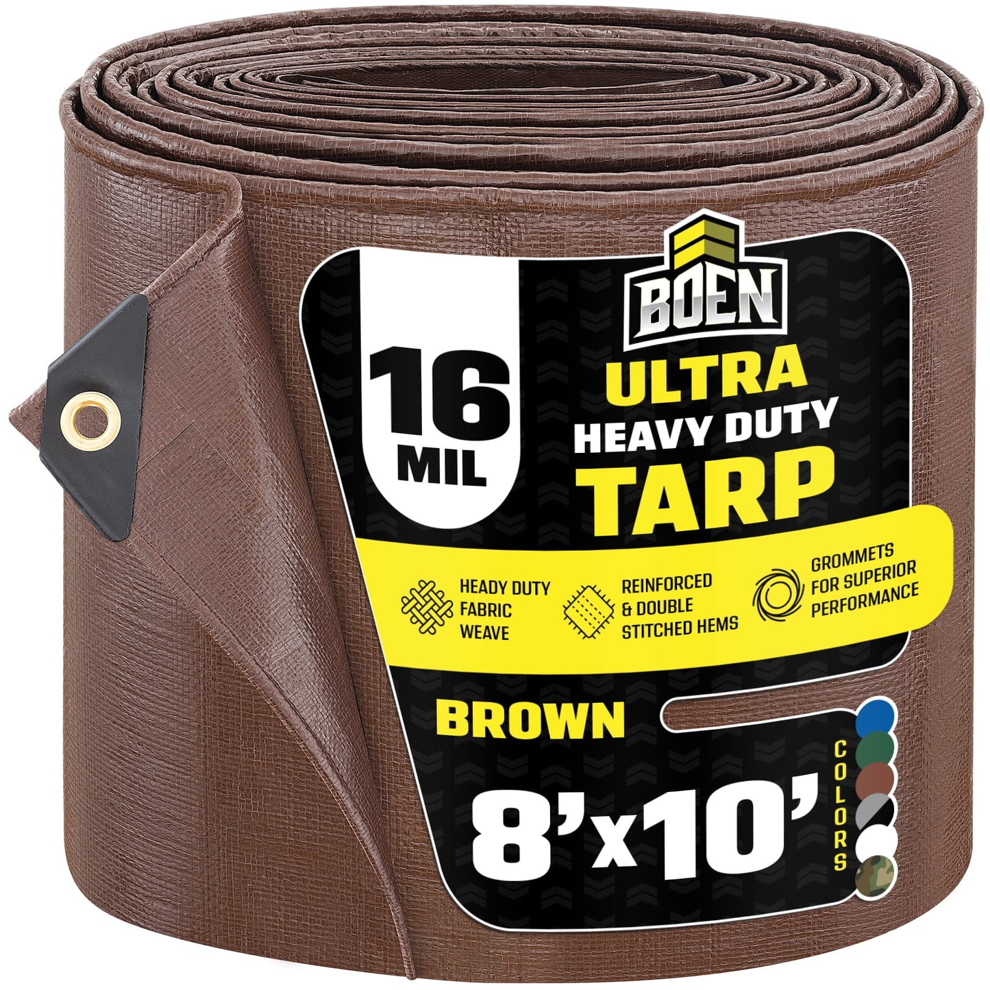 BOEN Ultra Heavy-Duty Tarp, 8 ft x 10 ft, 16 Mil Thick, Brown, Waterproof