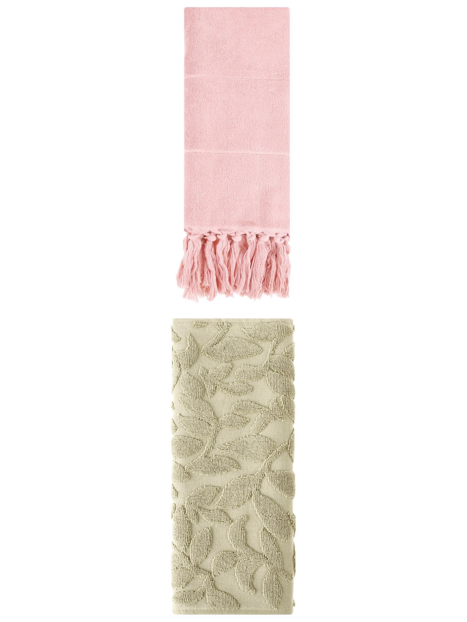 Unique Bargains 2 Pack Absorbent Cotton Hand Towels with Tassels 14"x30" Pink/Green