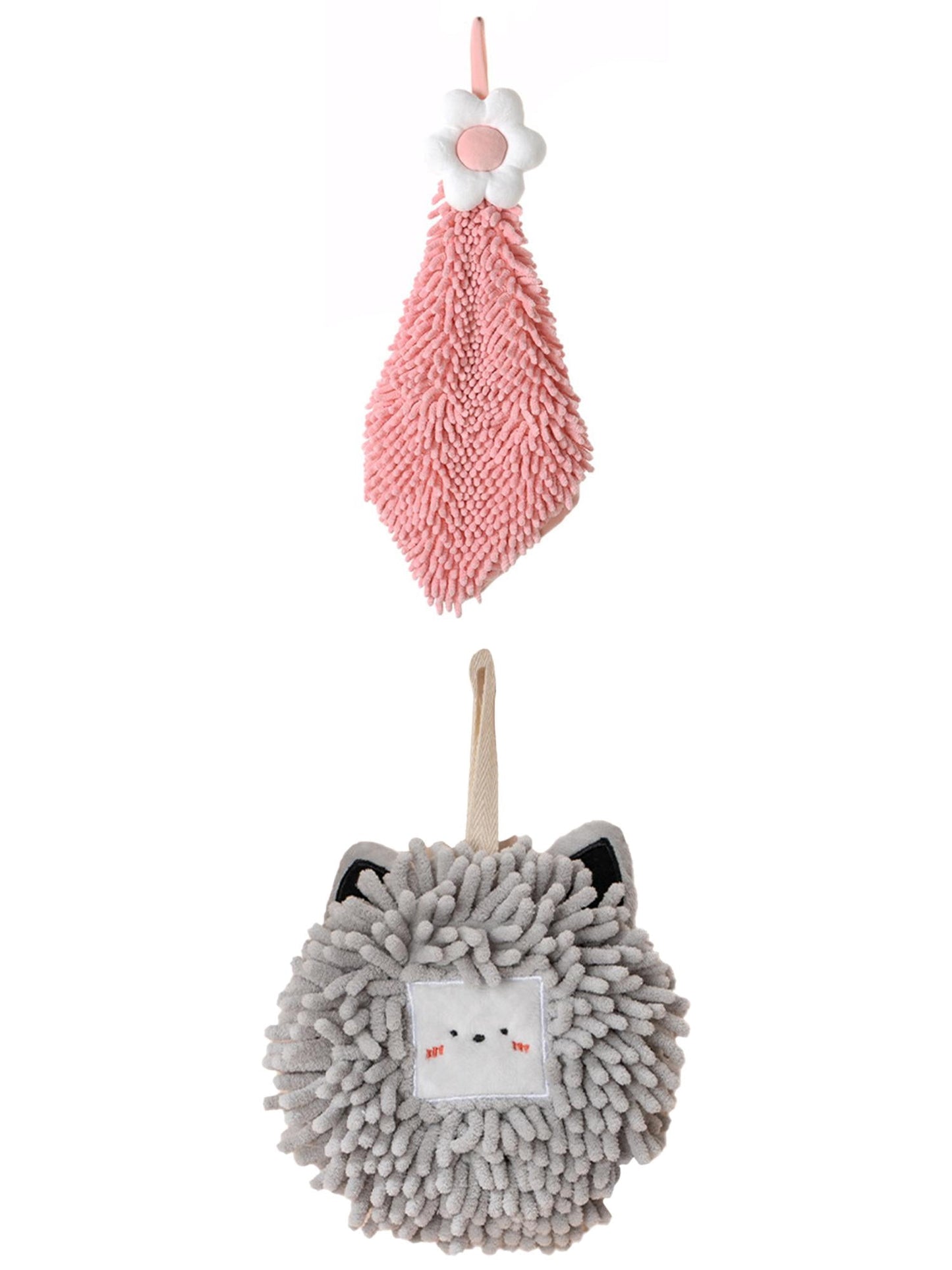 Unique Bargains 2 Pack Chenille Hand Towels 6" x 15"/7" x 7" Pink-2/Light Grey