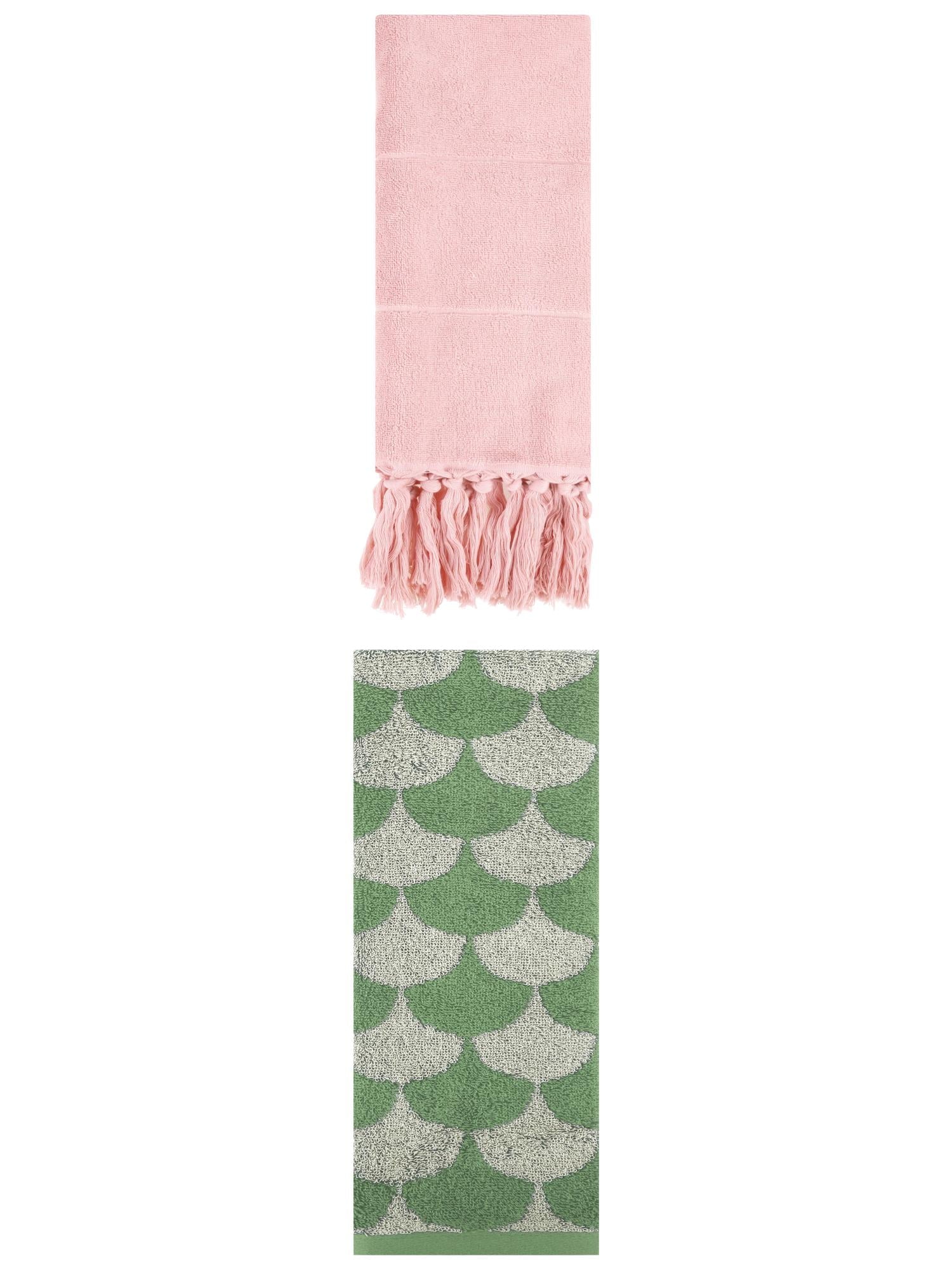 Unique Bargains 2 Pack Cotton Geometric Hand Towels Pink/Green 14"x30"/13"x29"