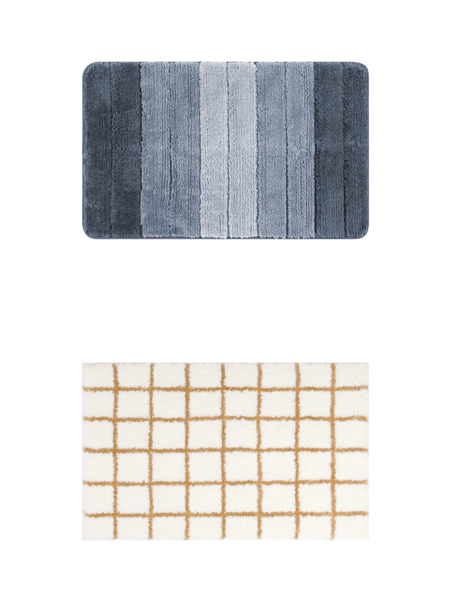 Unique Bargains 2 Pcs Plush Gradient Bath Rugs Blue Stripes/Brown Plaid 16" x 24"