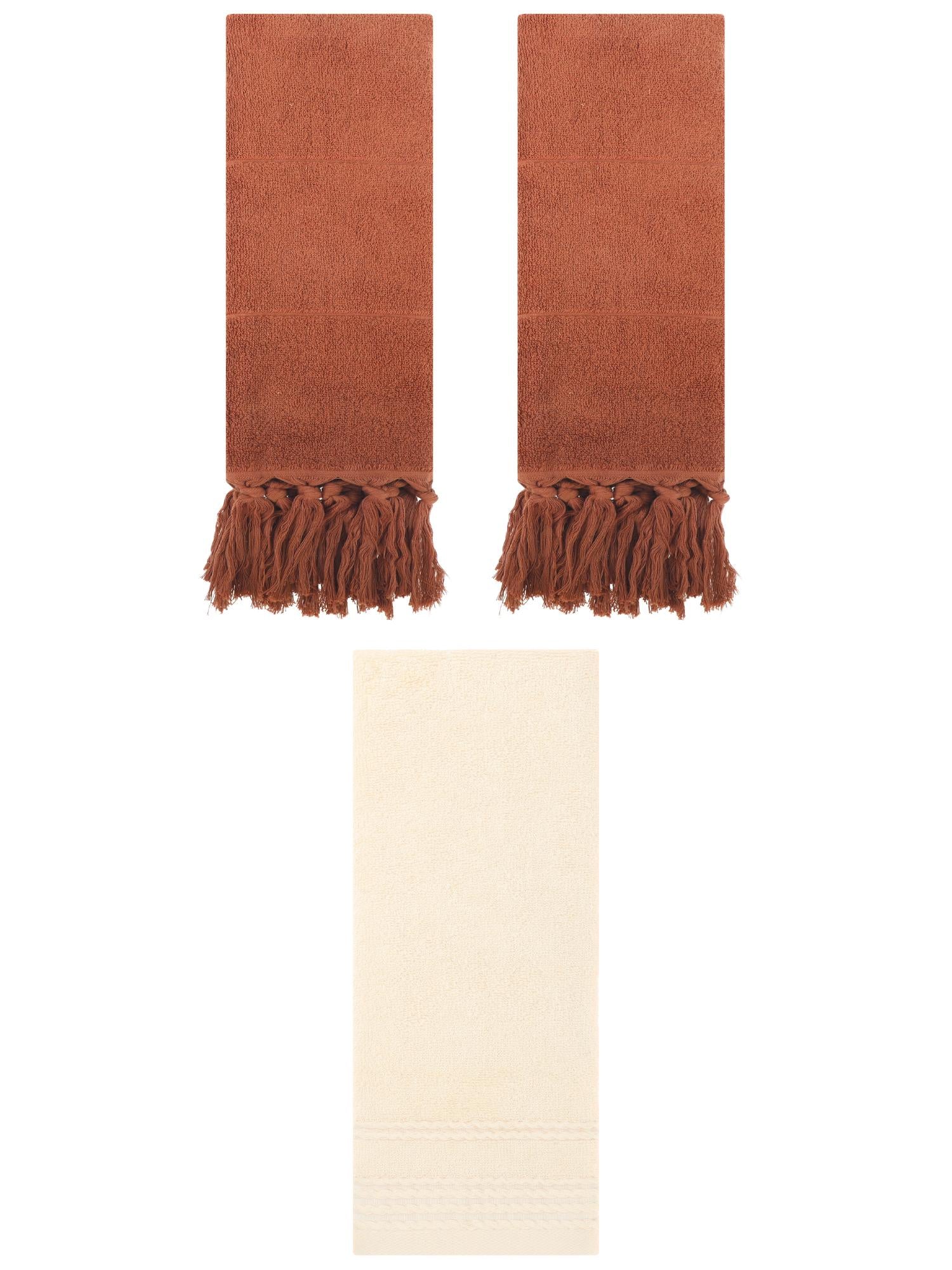 Unique Bargains 3 Pack Striped Tassels Hand Towels for Bathroom 14" x 30" Brown/Beige