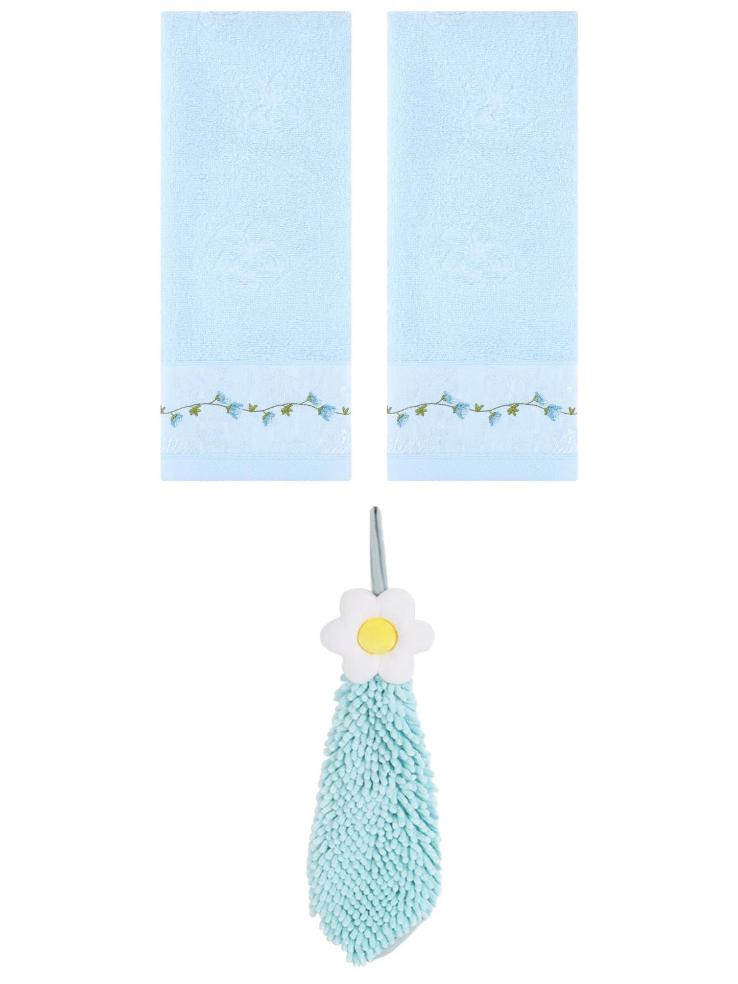 Unique Bargains 3 Pcs Floral Soft Hand Towels Blue/Green 13" x 29"/6" x 15"