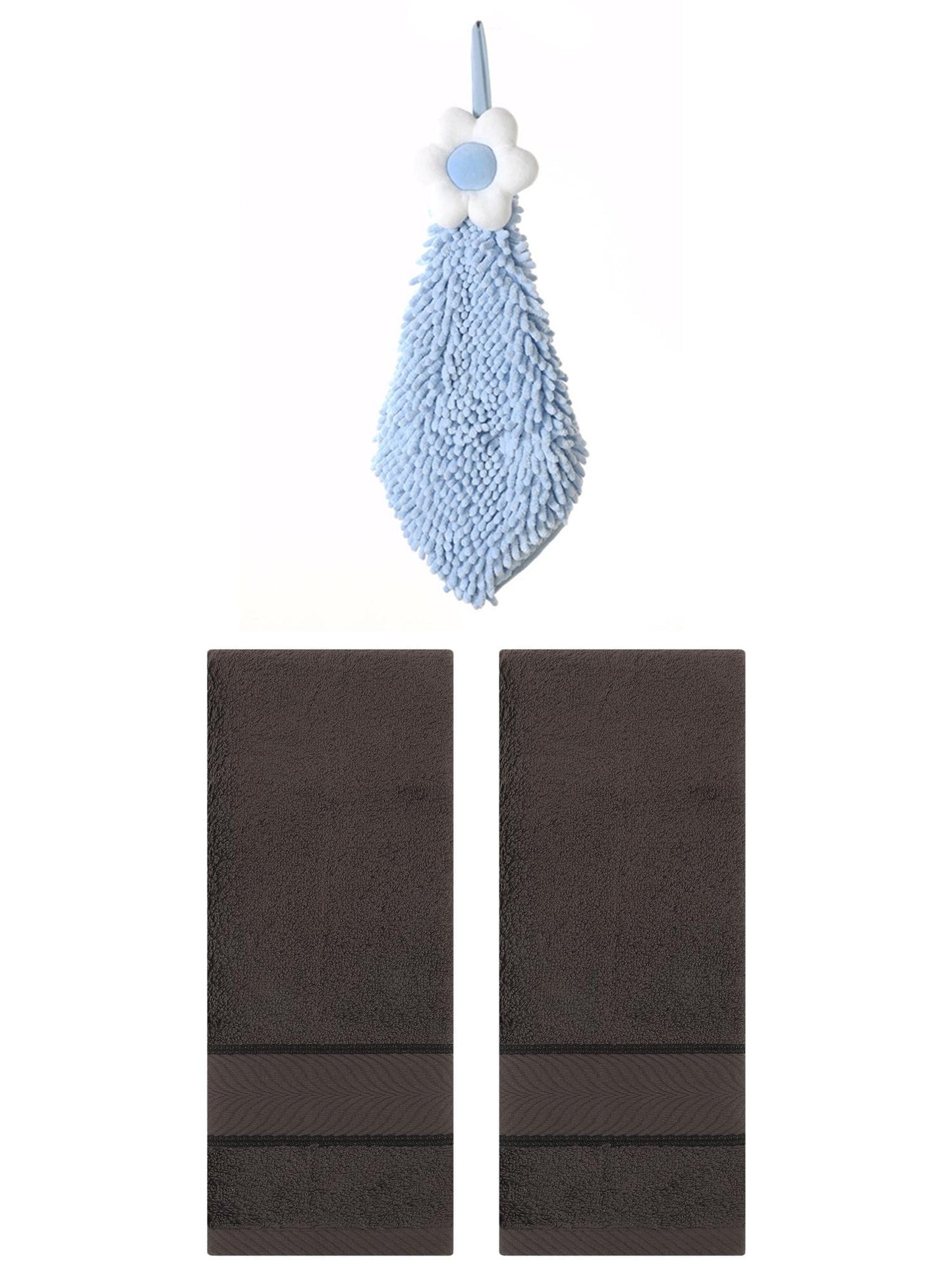 Unique Bargains 3 Pcs Soft Hand Towel Set Dark Brown/Blue-2 14" x 30"/6" x 15"