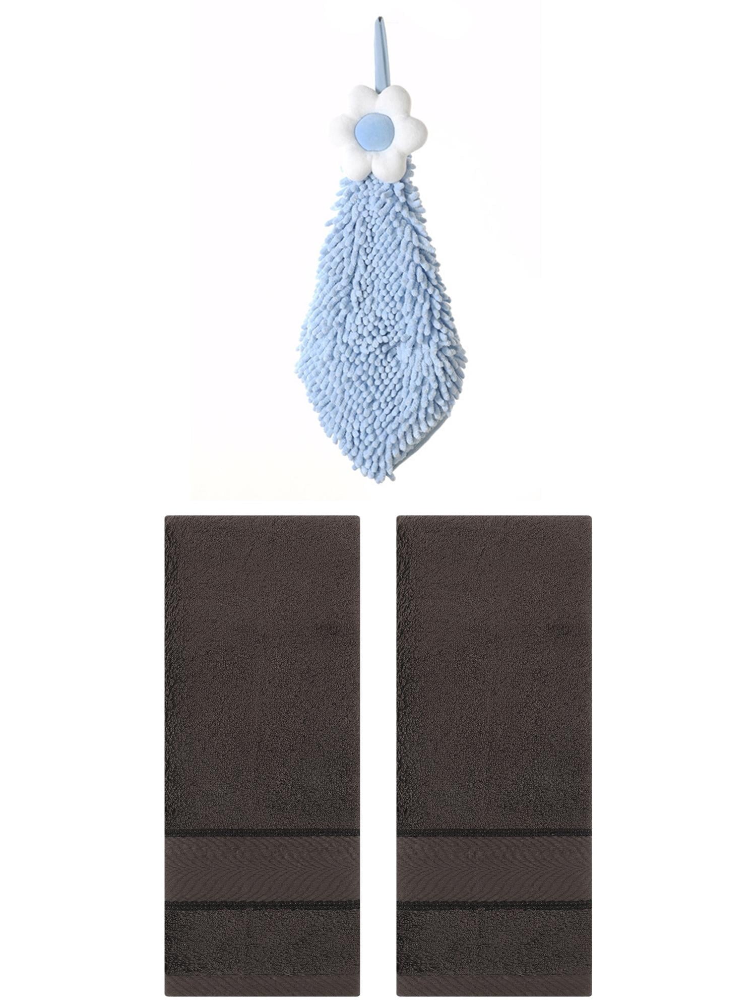 Unique Bargains 3 Pcs Soft Hand Towel Set Dark Brown/Blue-2 14" x 30"/6" x 15"