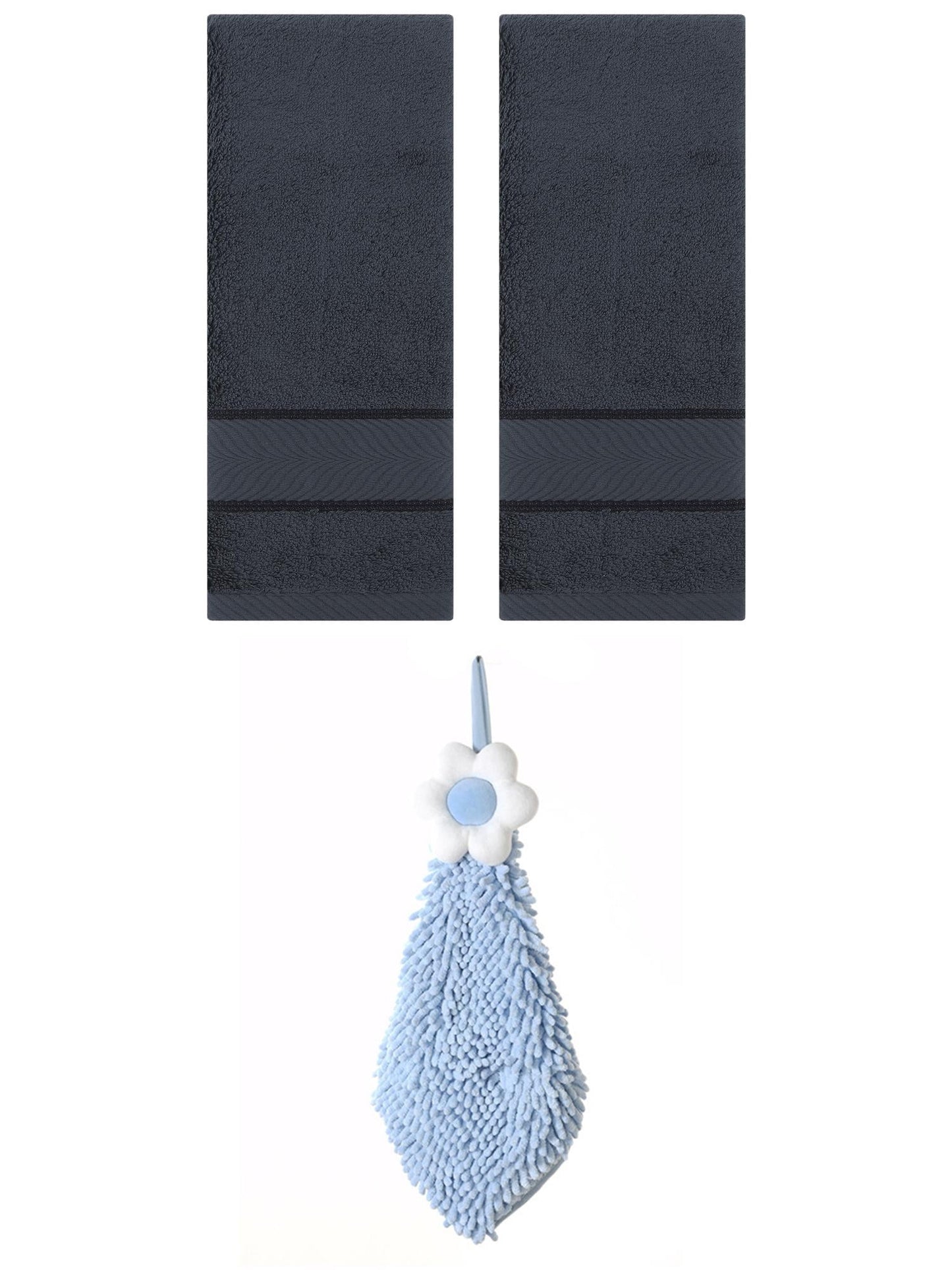 Unique Bargains 3 Pcs Soft Hand Towel Set Dark Grey/Blue-2 14" x 30"/6" x 15"