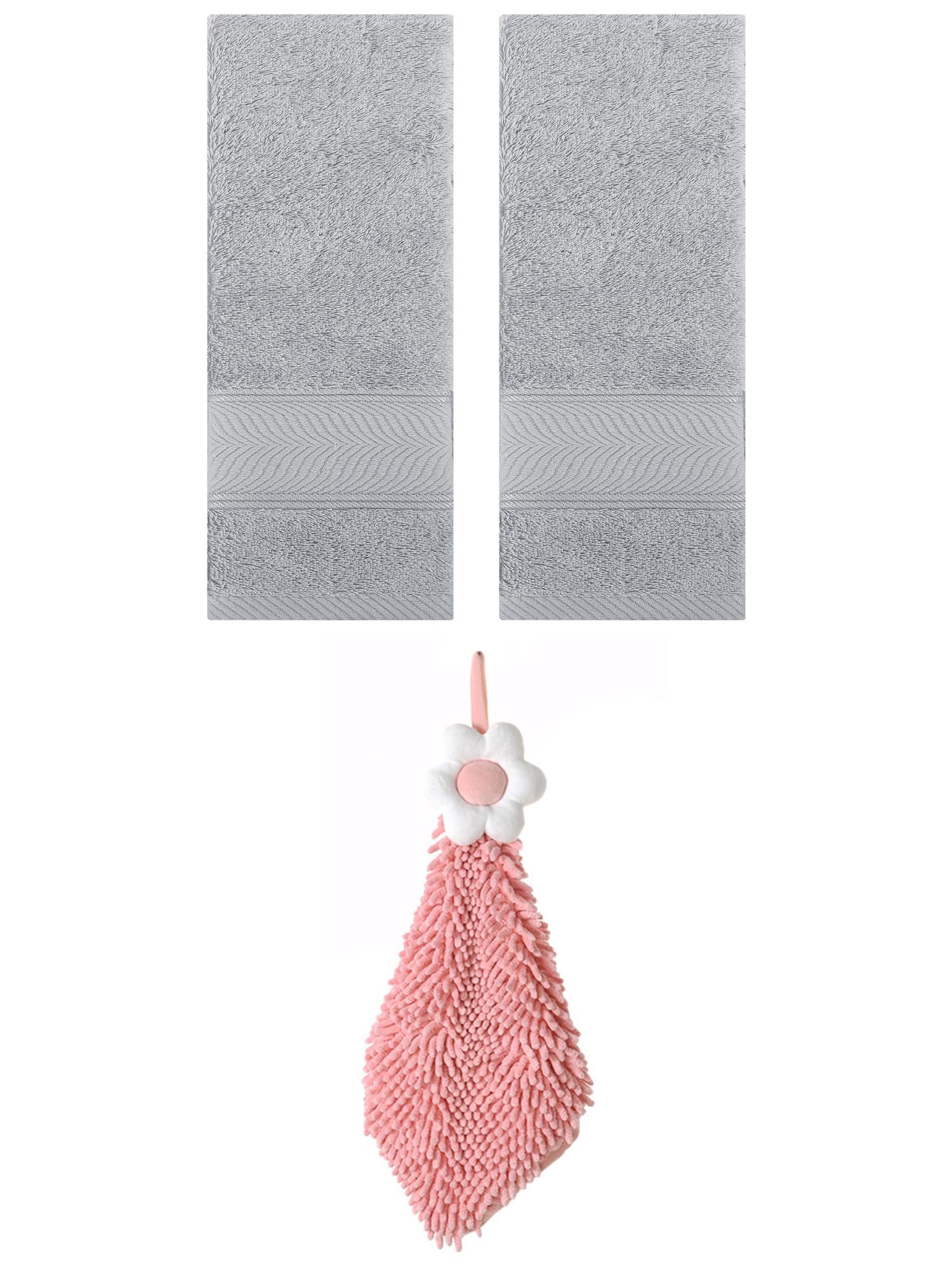 Unique Bargains 3 Pcs Soft Hand Towel Set Light Grey/Pink-2 14" x 30"/6" x 15"
