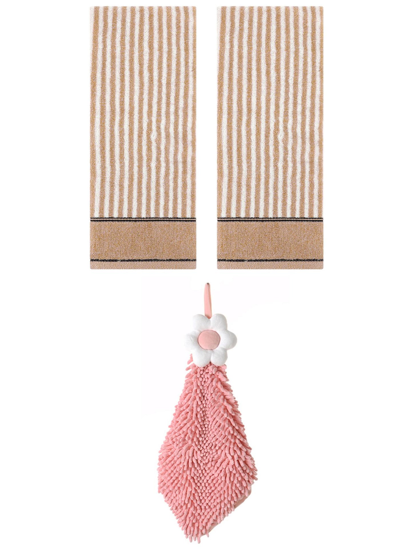 Unique Bargains 3 Pcs Soft Striped Hand Towels Brown/Pink-2 13" x 29"/6" x 15"