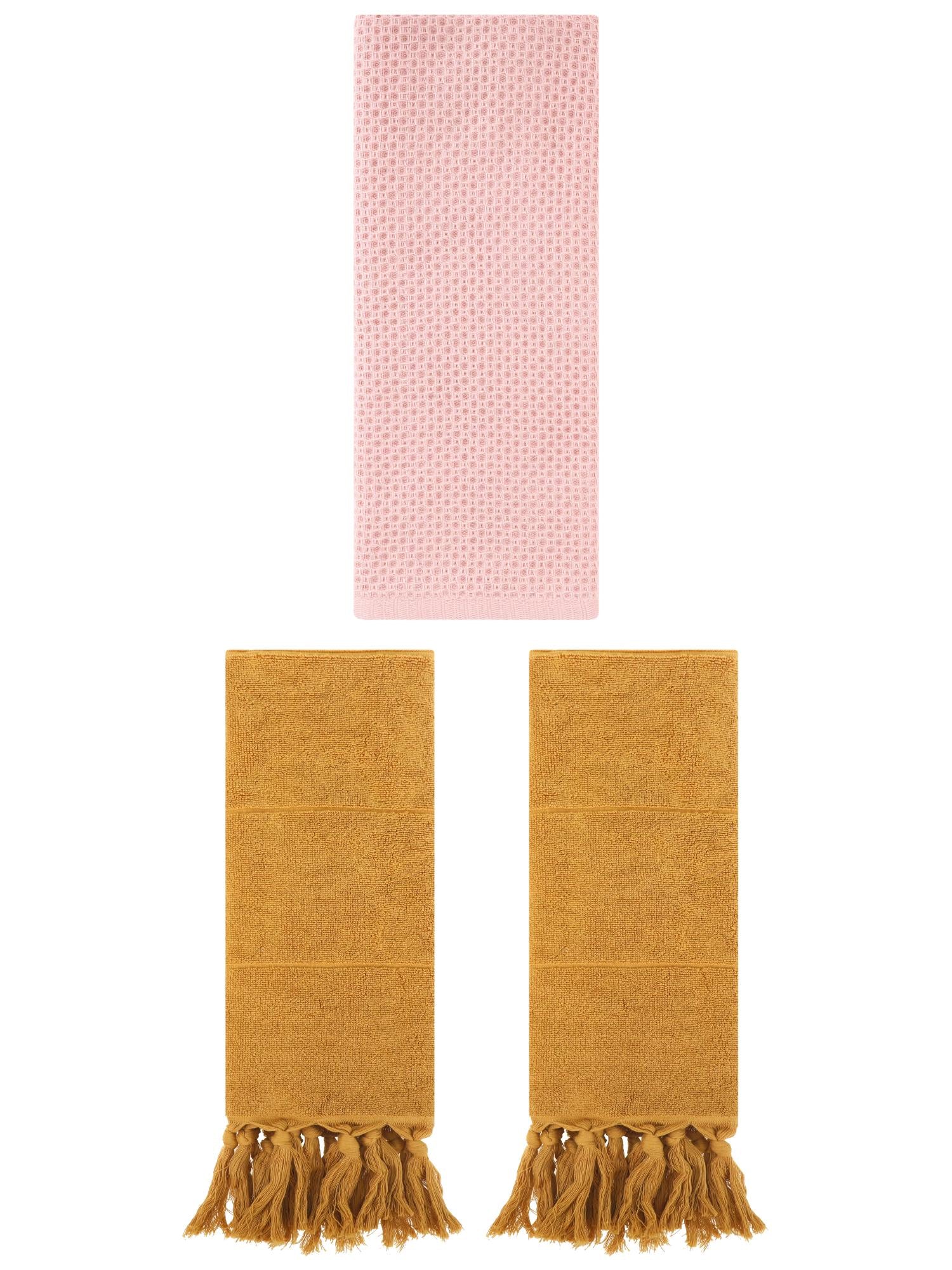 Unique Bargains 3 Pcs Soft Tassels Waffle Hand Towel Yellow/Pink 14"x30"/13"x30"