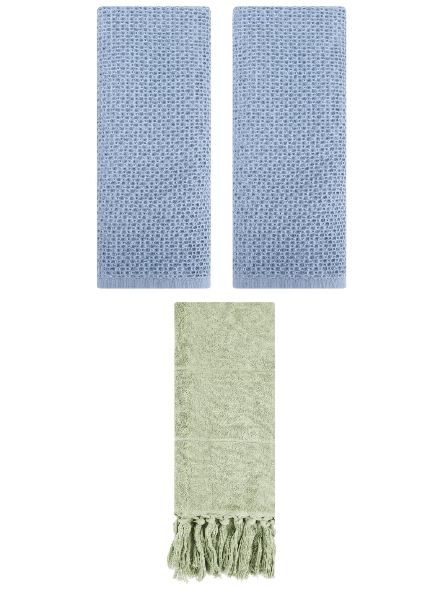 Unique Bargains 3 Pcs Tassels Waffle Hand Towel Green/Steel Blue 14"x30"/13"x30"