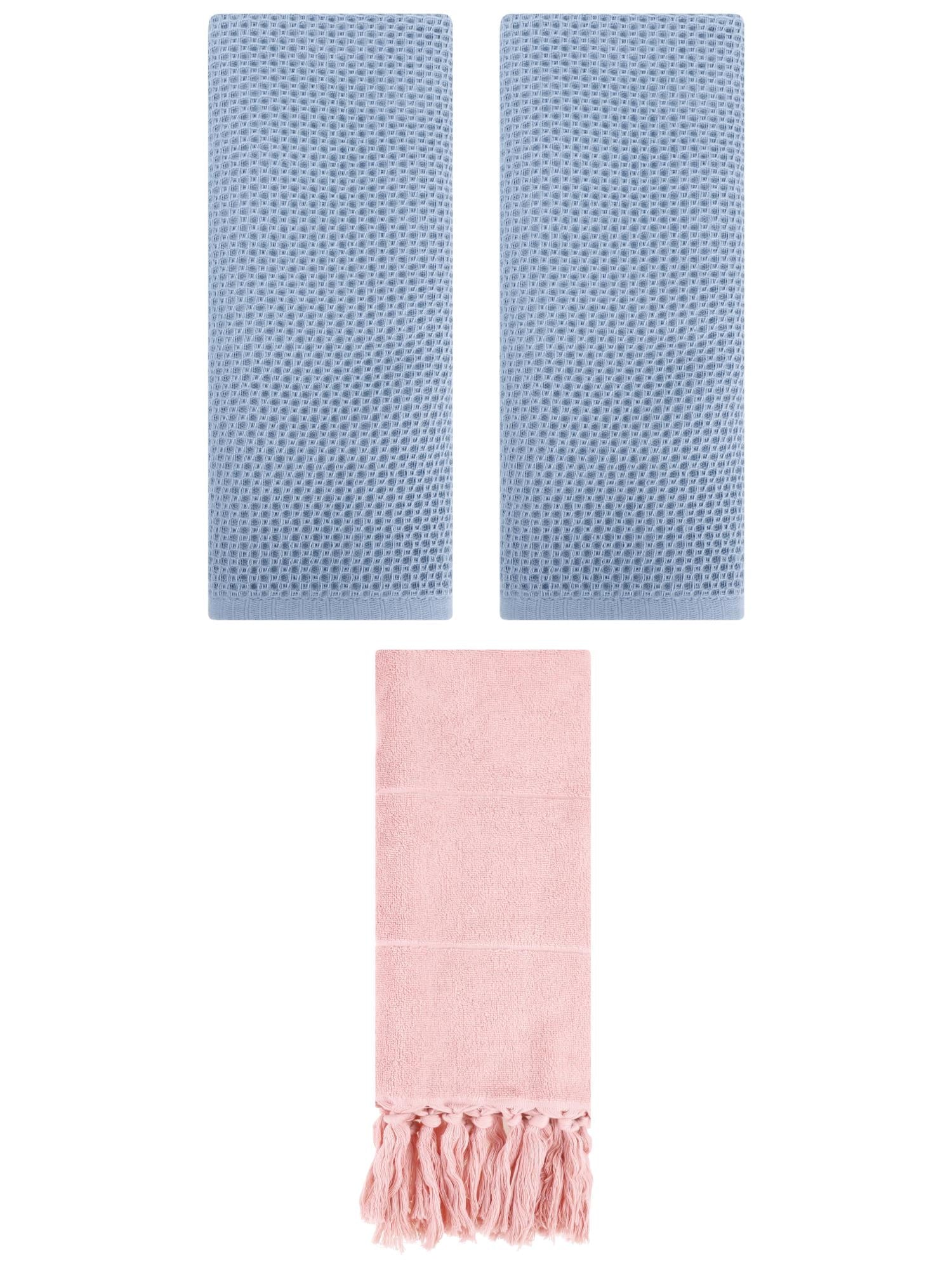 Unique Bargains 3 Pcs Tassels Waffle Hand Towel Pink/Steel Blue 14"x30"/13"x30"