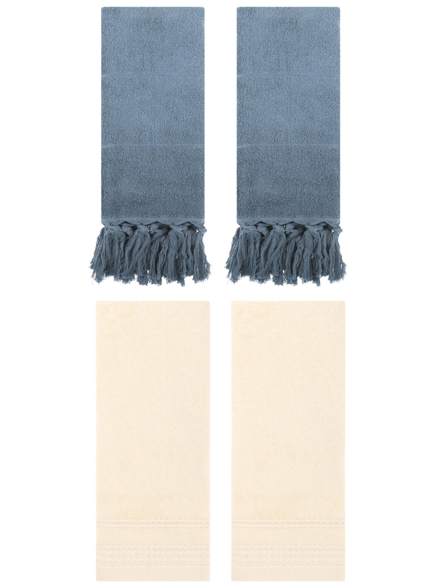 Unique Bargains 4 Packs Striped Tassels Hand Towels 14" x 30" Blue/Beige