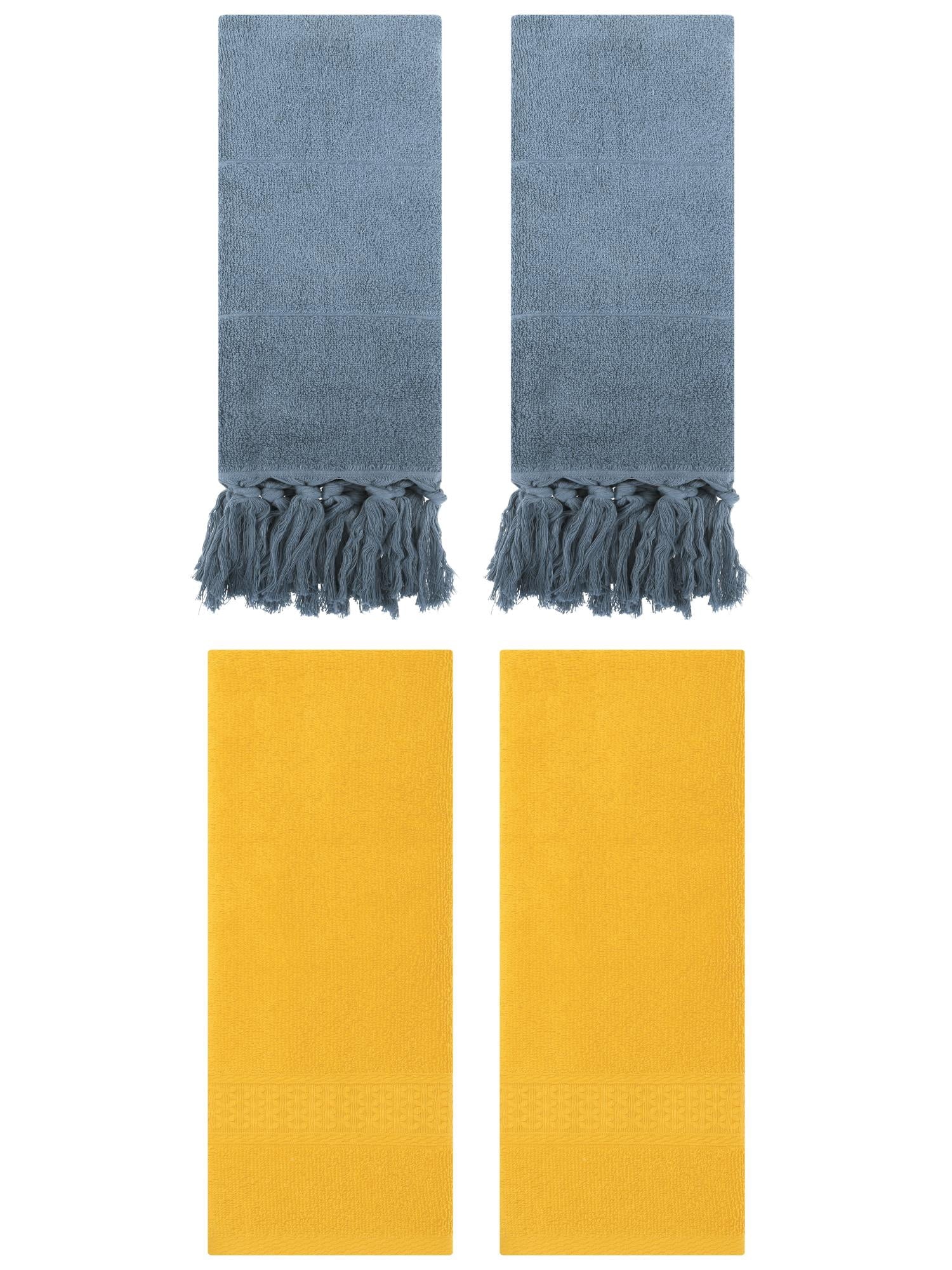 Unique Bargains 4 Packs Textured Tassels Hand Towel Blue/Yellow 14" x 30"/13" x 30"