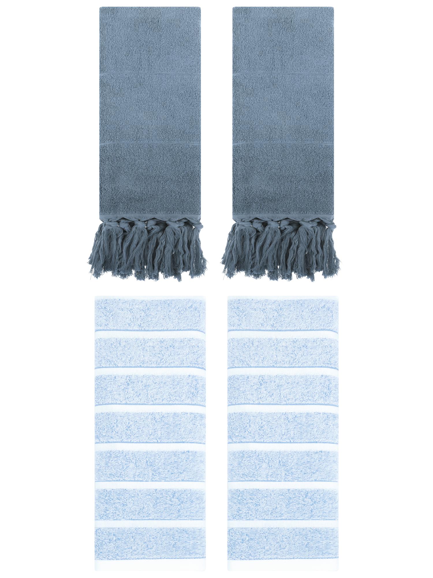 Unique Bargains 4 Pack Striped and Solid Absorbent Soft Cotton Hand Towel for Bathroom Blue 14" x 30"/13" x 29"