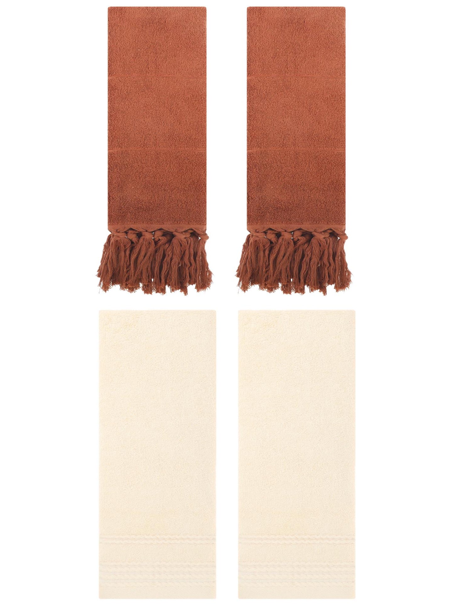 Unique Bargains 4 Packs Striped Tassels Hand Towels 14" x 30" Brown/Beige