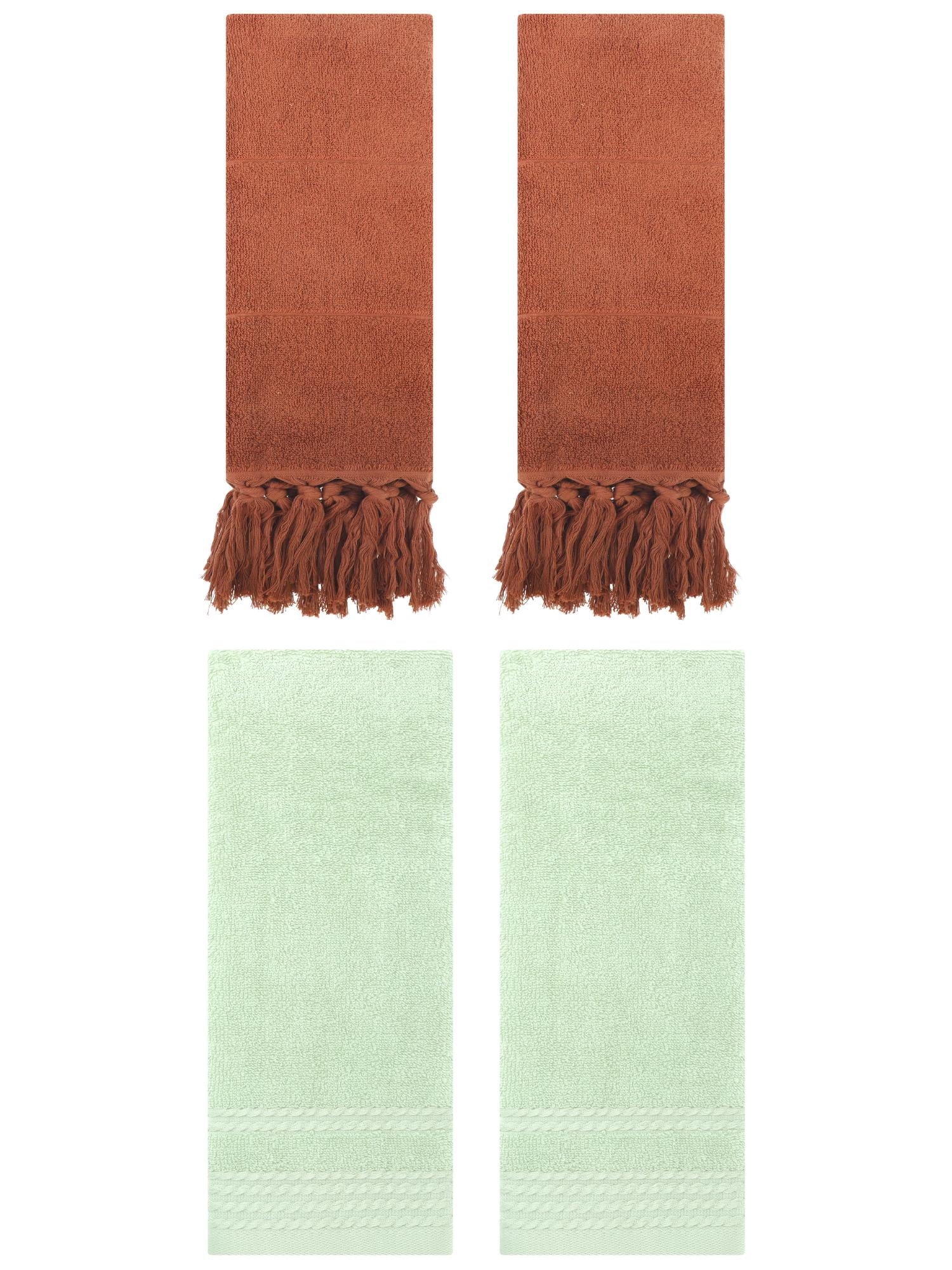 Unique Bargains 4 Packs Striped Tassels Hand Towels 14" x 30" Brown/Green