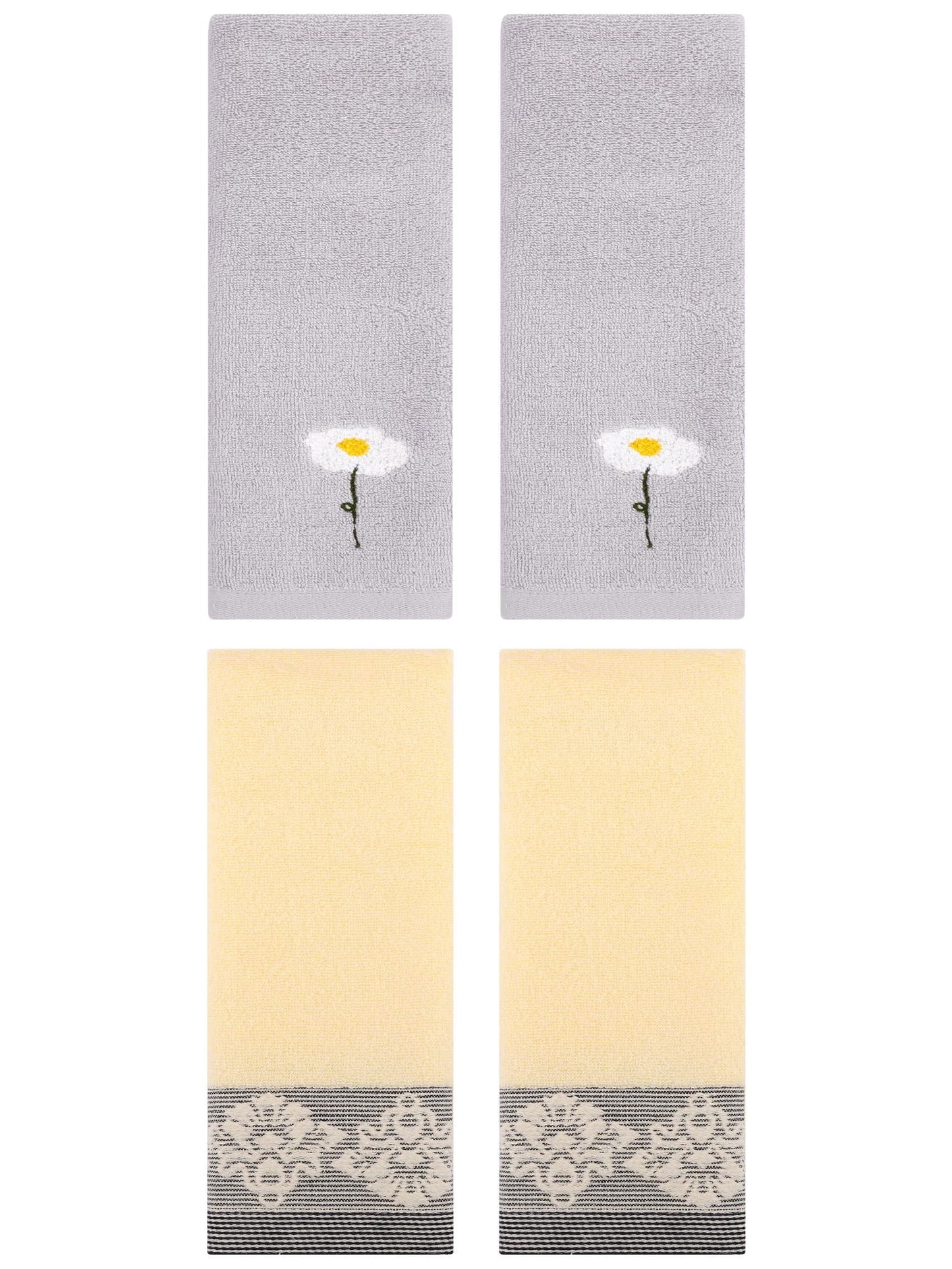 Unique Bargains 4 Pcs Absorbent Floral Hand Towels Grey/Yellow 13" x 30"/13" x 29"