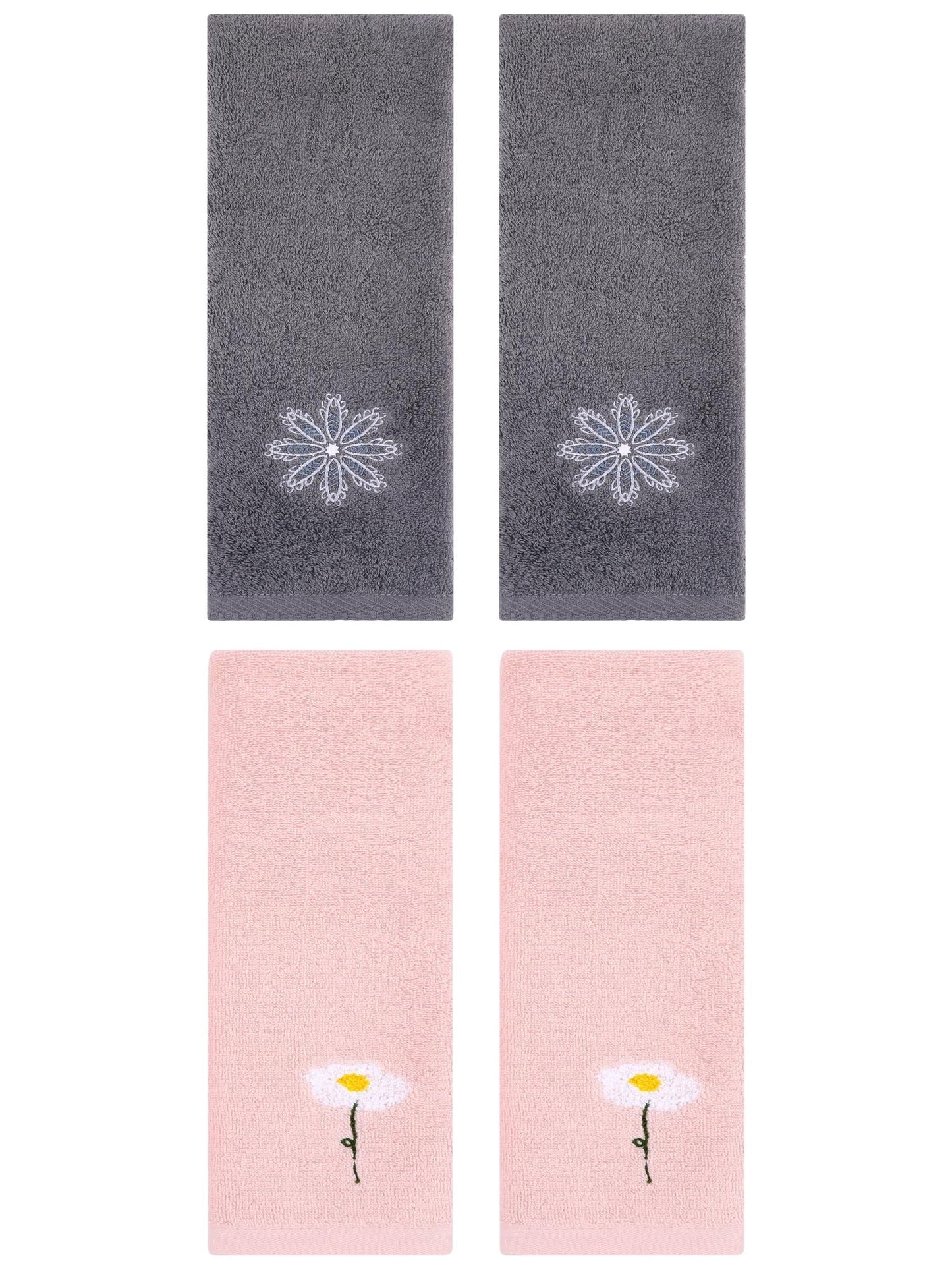 Unique Bargains 4 Pcs Cotton Floral Hand Towel 13" x 30" Pink/Dark Grey