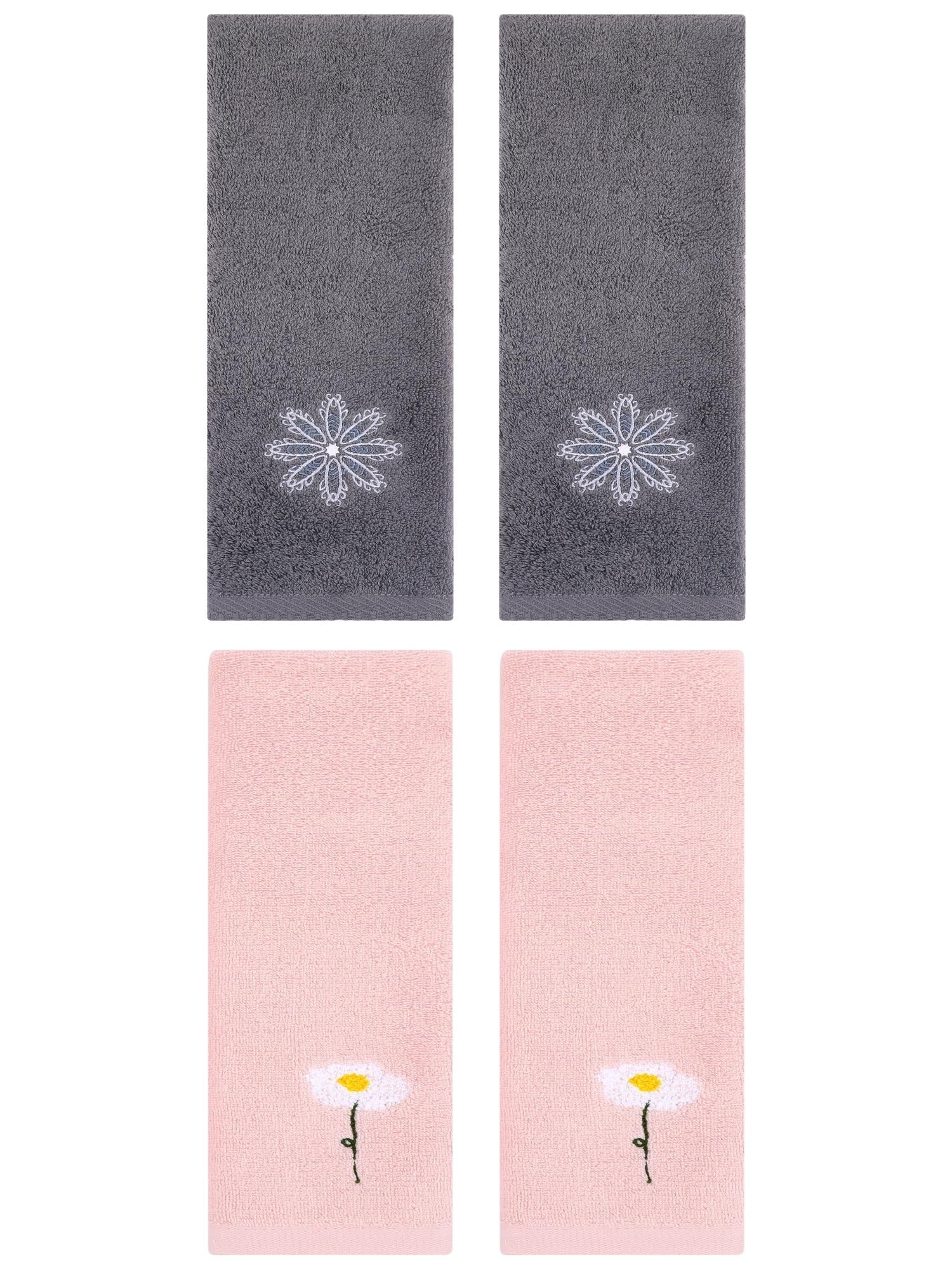 Unique Bargains 4 Pcs Cotton Floral Hand Towel 13" x 30" Pink/Dark Grey