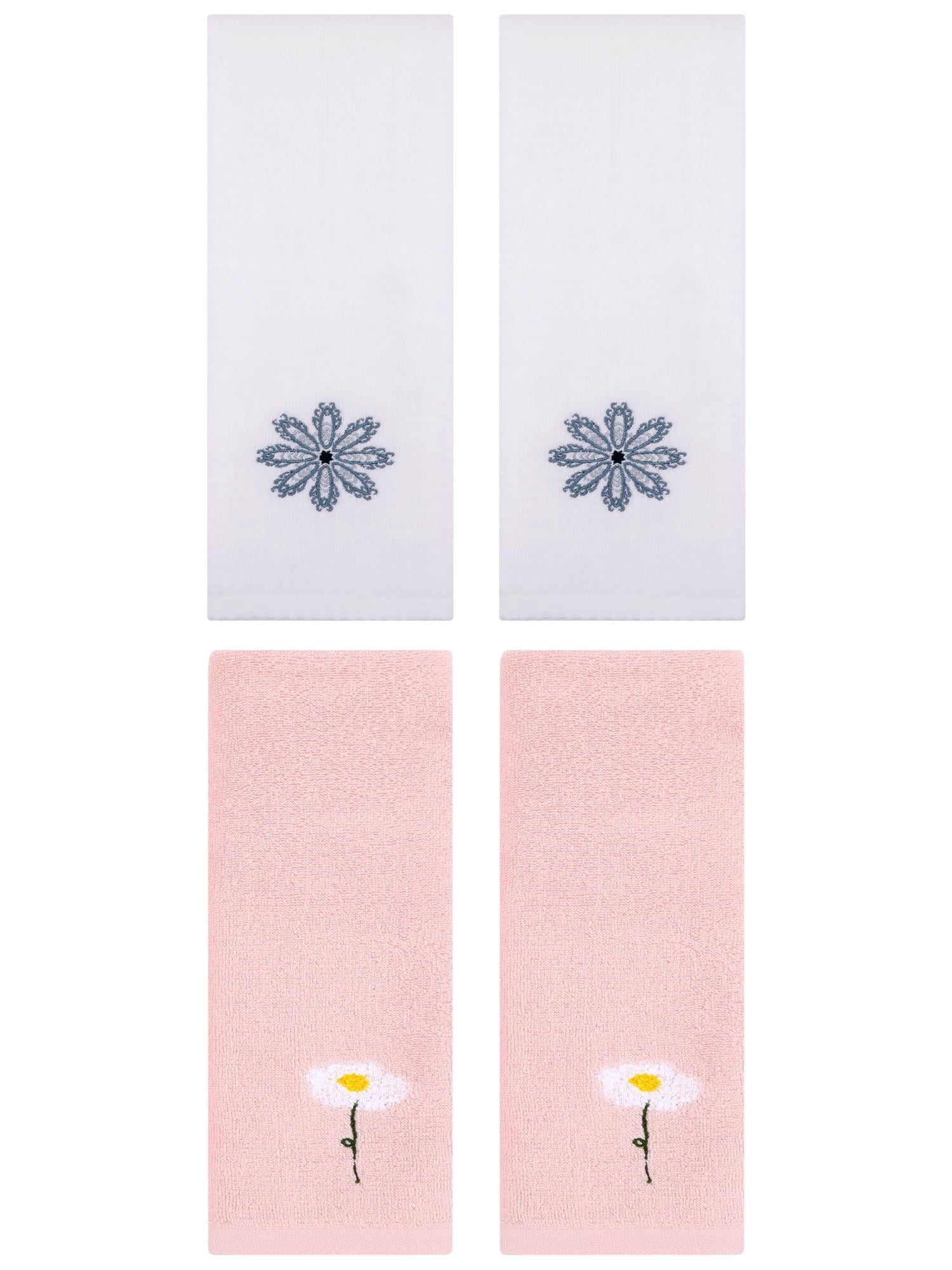 Unique Bargains 4 Pcs Cotton Floral Hand Towel 13" x 30" Pink/White
