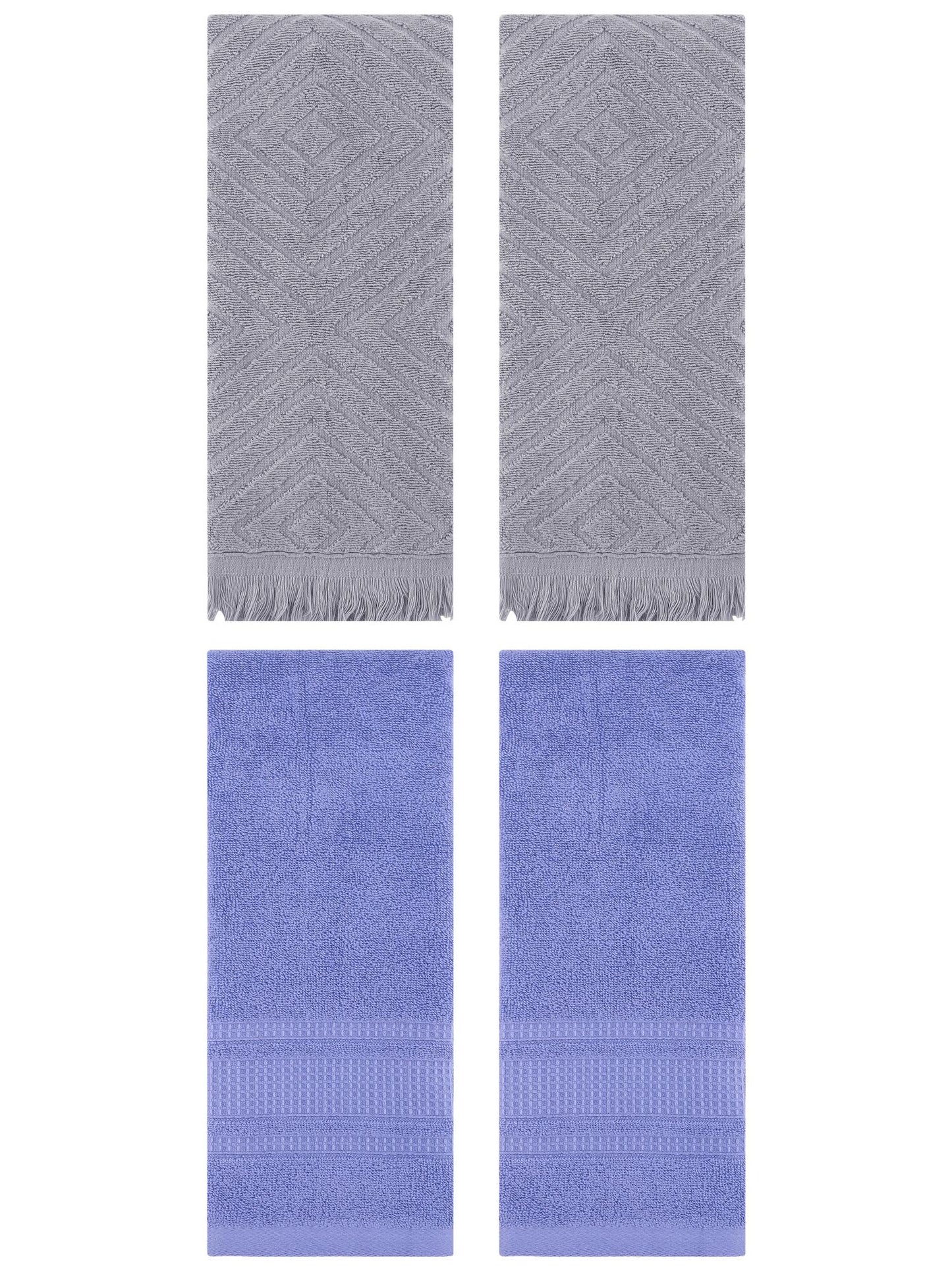 Unique Bargains 4 Pcs Cotton Geometric Hand Towels 13" x 29" Grey/Dark Blue