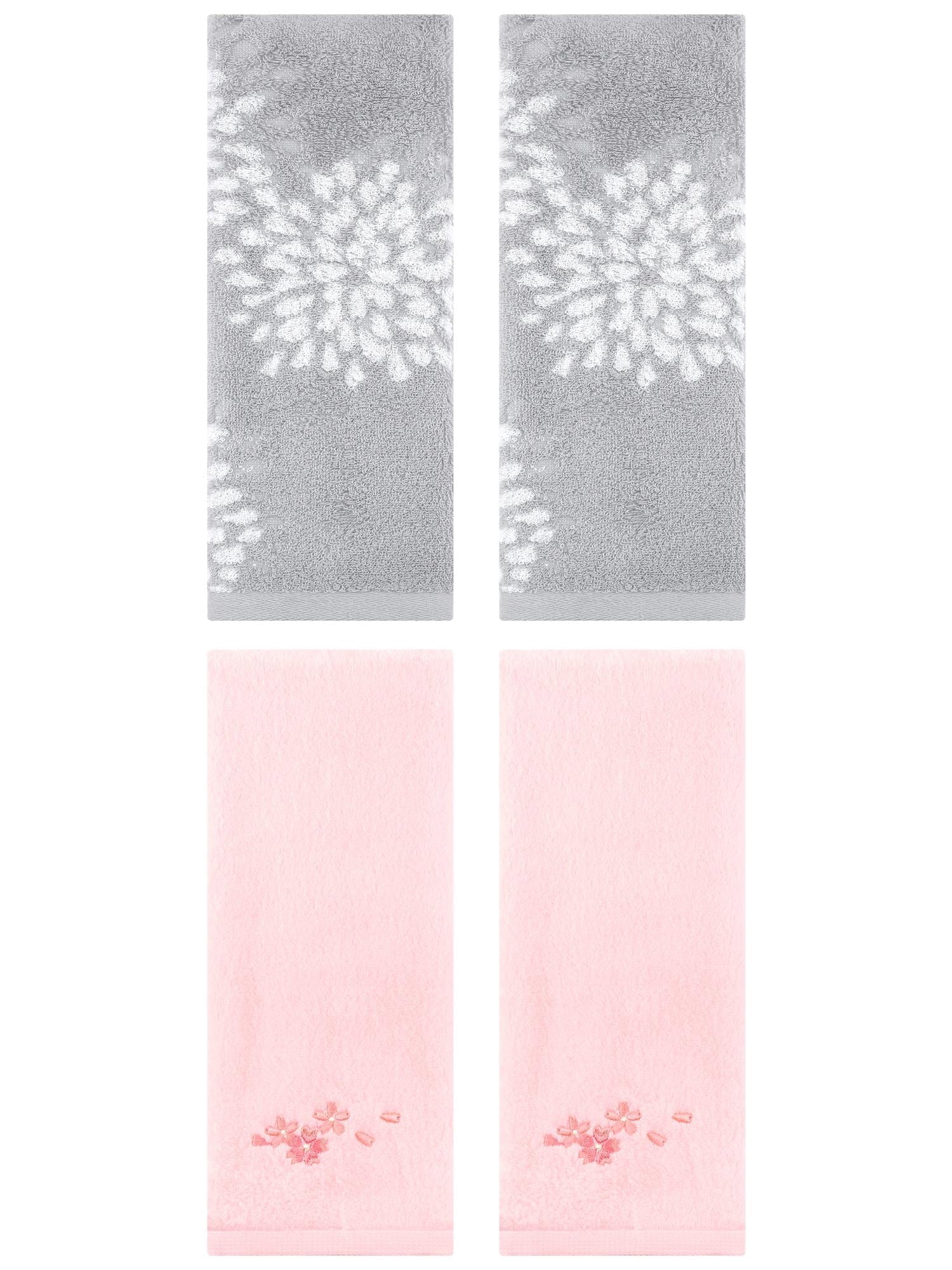 Unique Bargains 4 Pcs Pure Cotton Soft Bathroom Hand Towels Grey/Pink 14" x 30"/13" x 29"