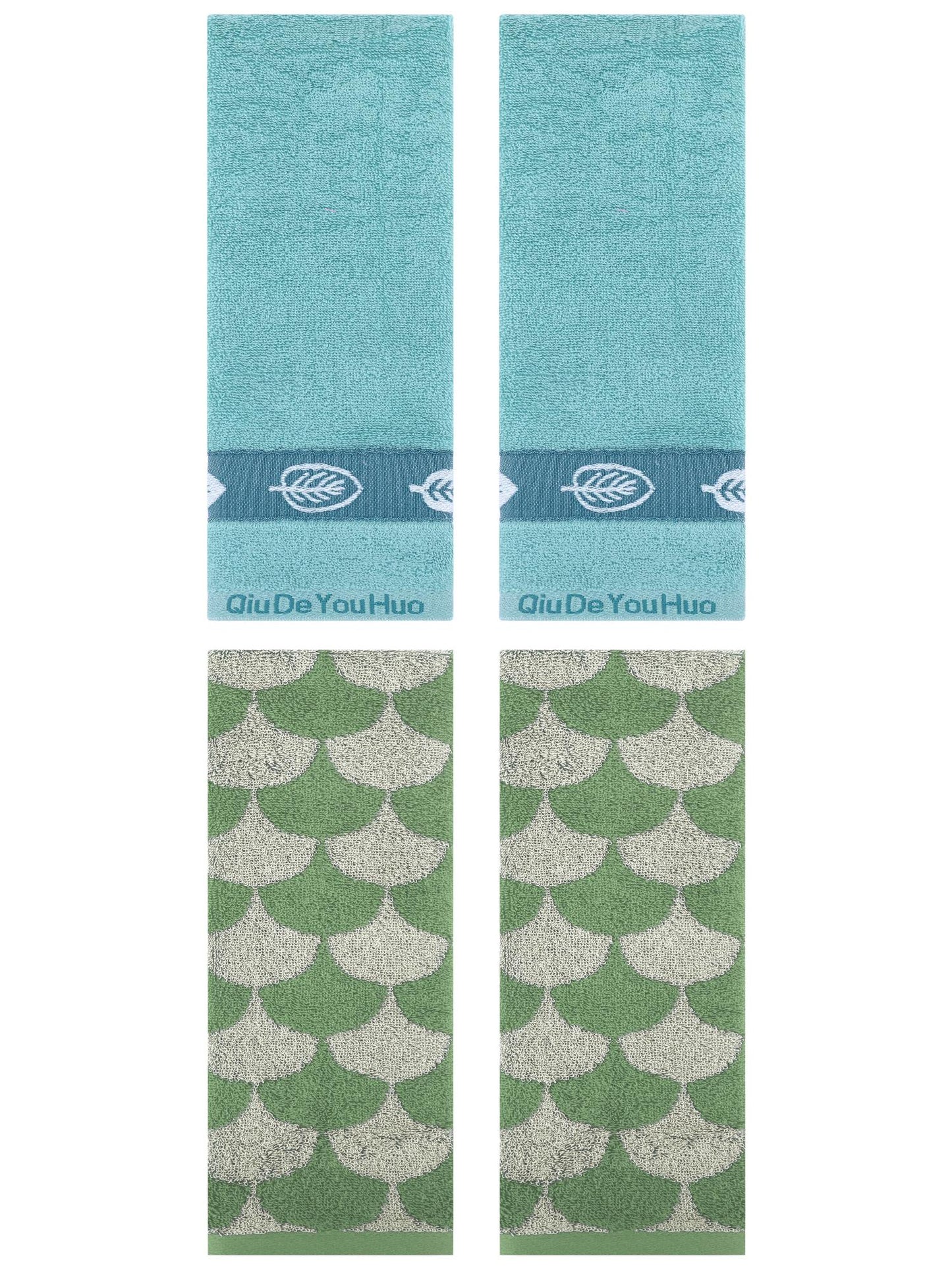 Unique Bargains 4 Pcs Soft Geometric and Leaves Hand Towel Set 13" x 29" Green/Lake Blue