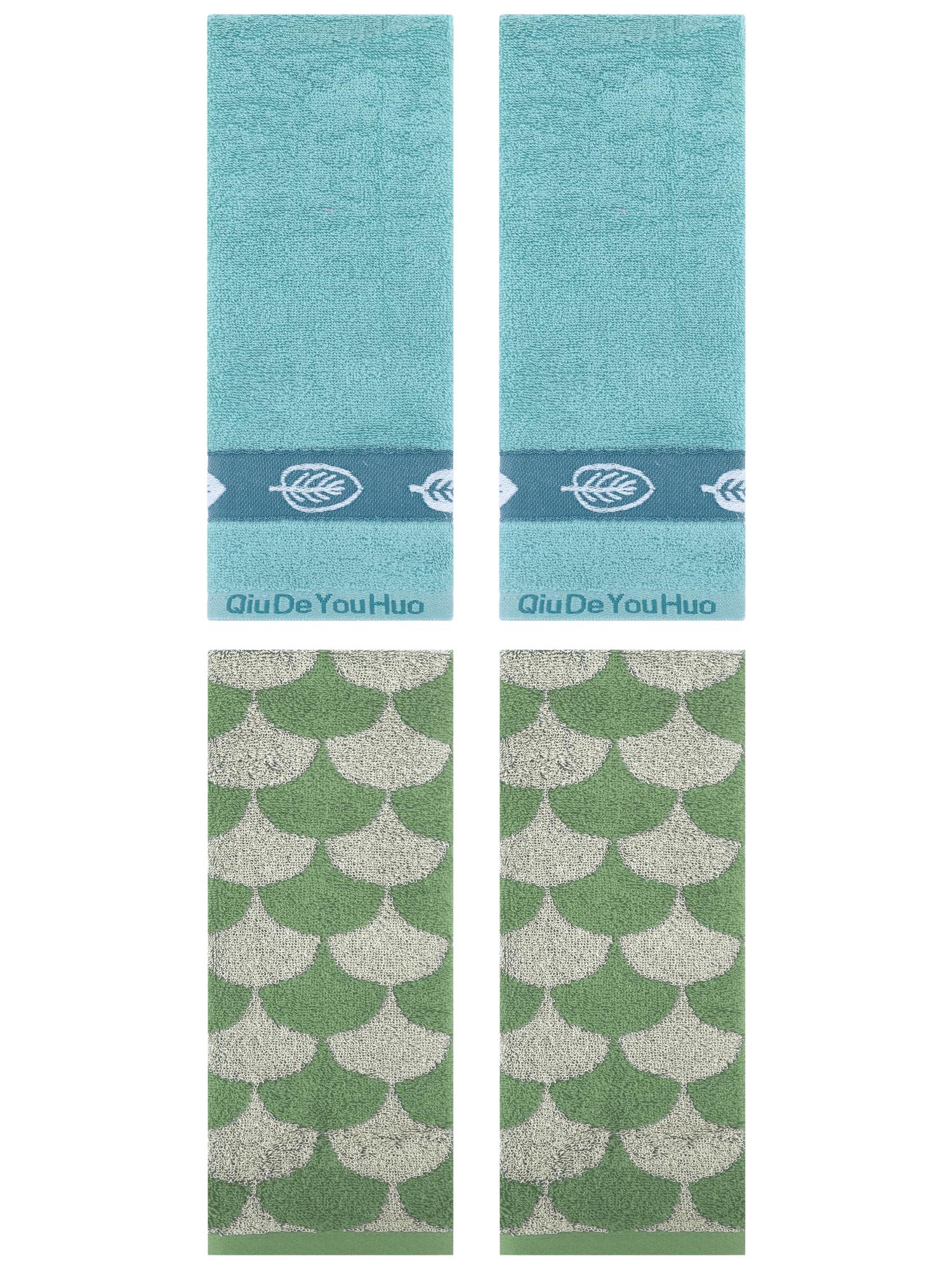 Unique Bargains 4 Pcs Soft Geometric and Leaves Hand Towel Set 13" x 29" Green/Lake Blue