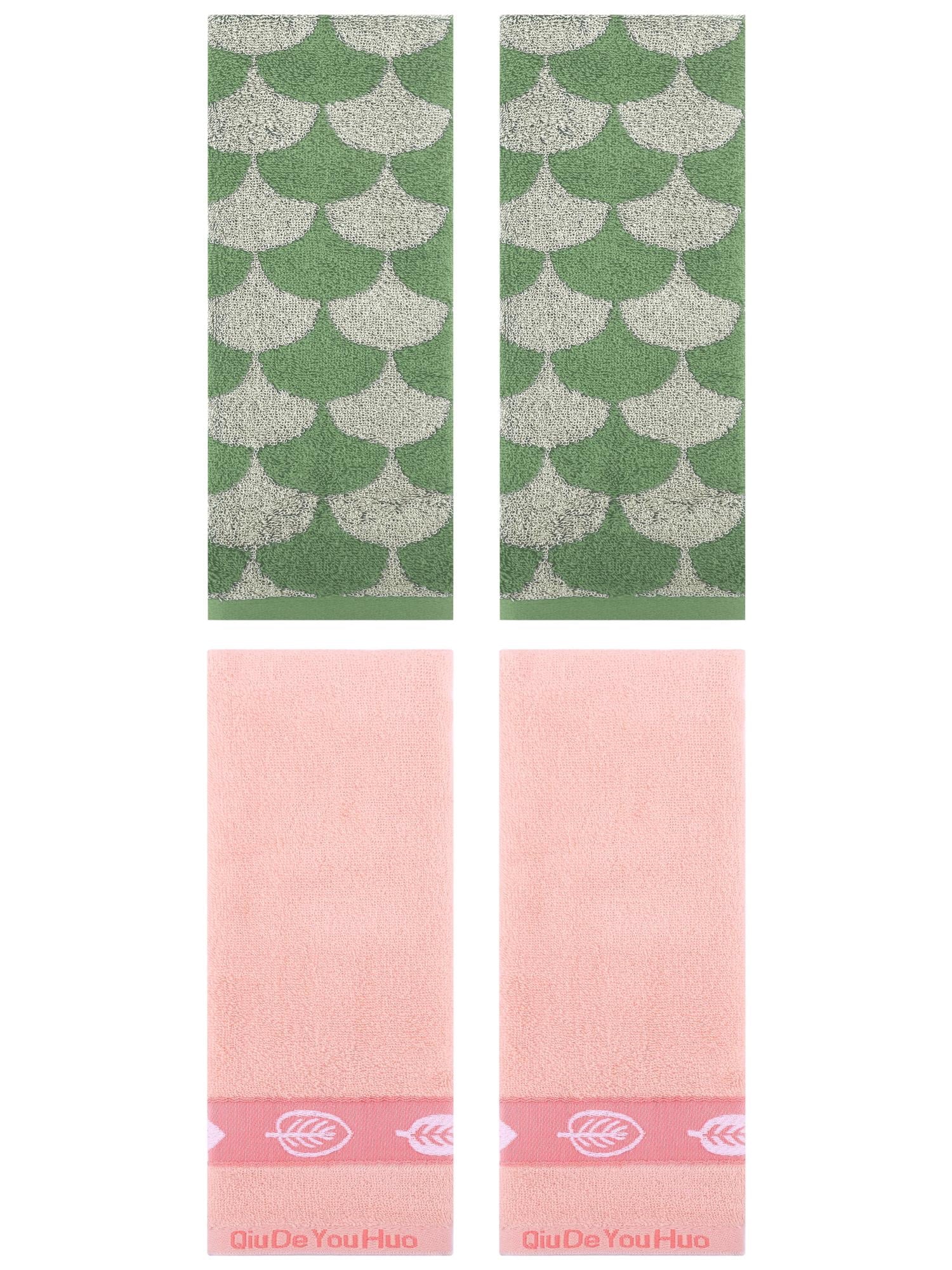 Unique Bargains 4 Pcs Soft Geometric and Leaves Hand Towel Set 13" x 29" Green/Pink