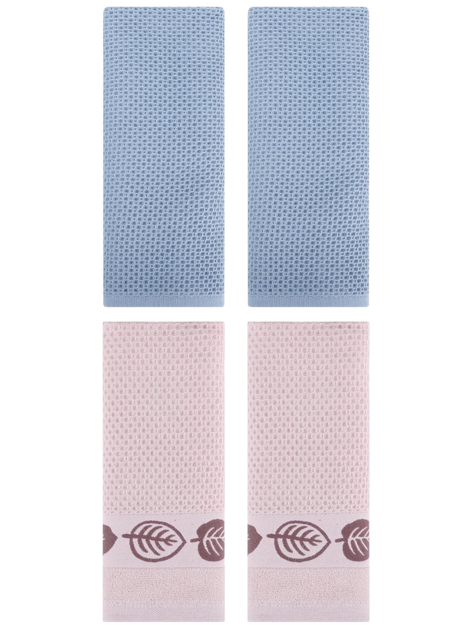 Unique Bargains 4 Pcs Waffle Cotton Hand Towel Steel Blue/Brown 13" x 30"/13" x 29"