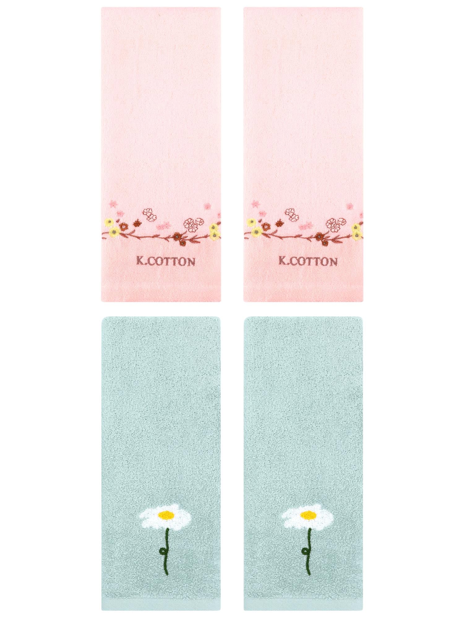 Unique Bargains 4Pcs Comfy Floral Hand Towel Set Blue/Pink 13" x 30"/13" x 29"