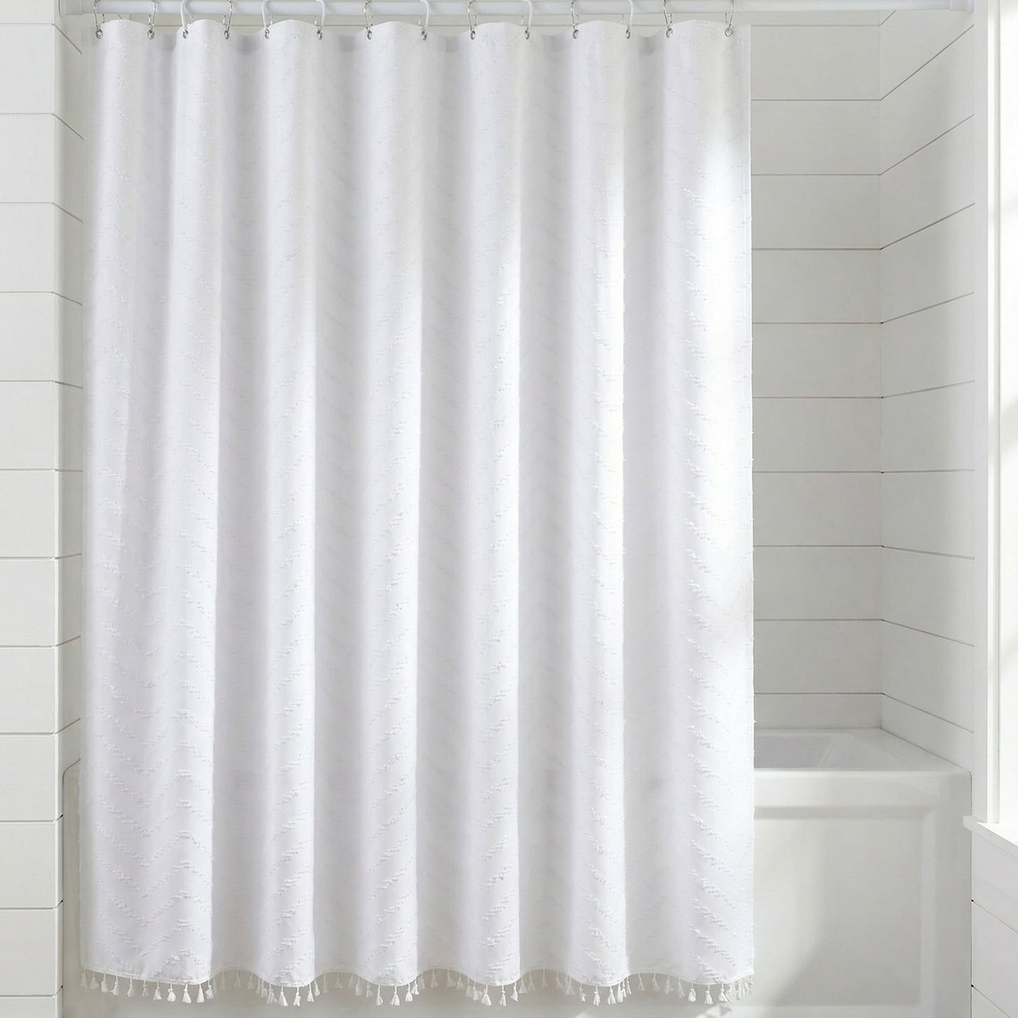 Unique Bargains Boho Wavy Striped Shower Curtain with Tassel and Hooks White 72"W x 72"L