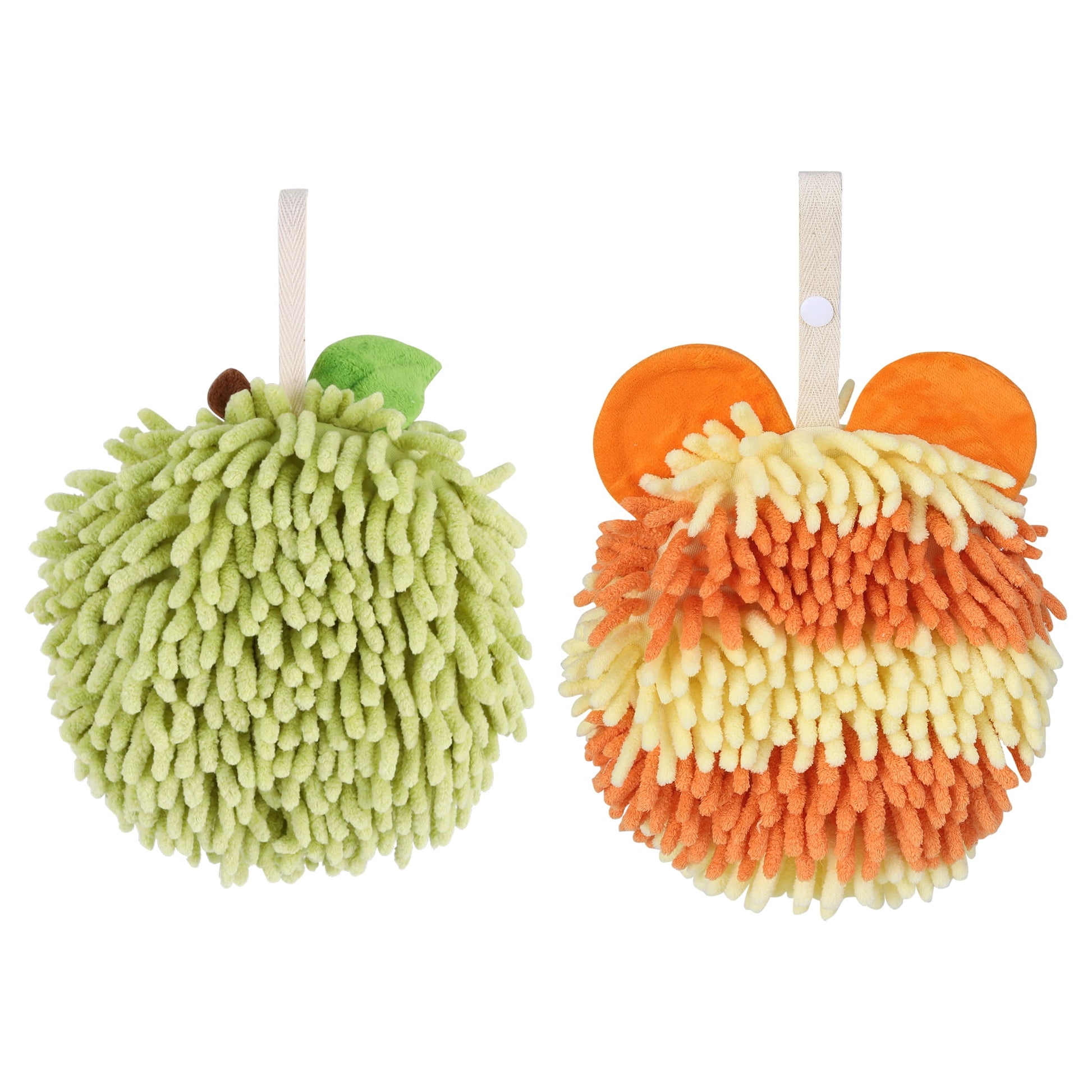 Unique Bargains Chenille Ball Hand Towel 2 Pcs Green/Orange 6" x 6"/7" x 7"