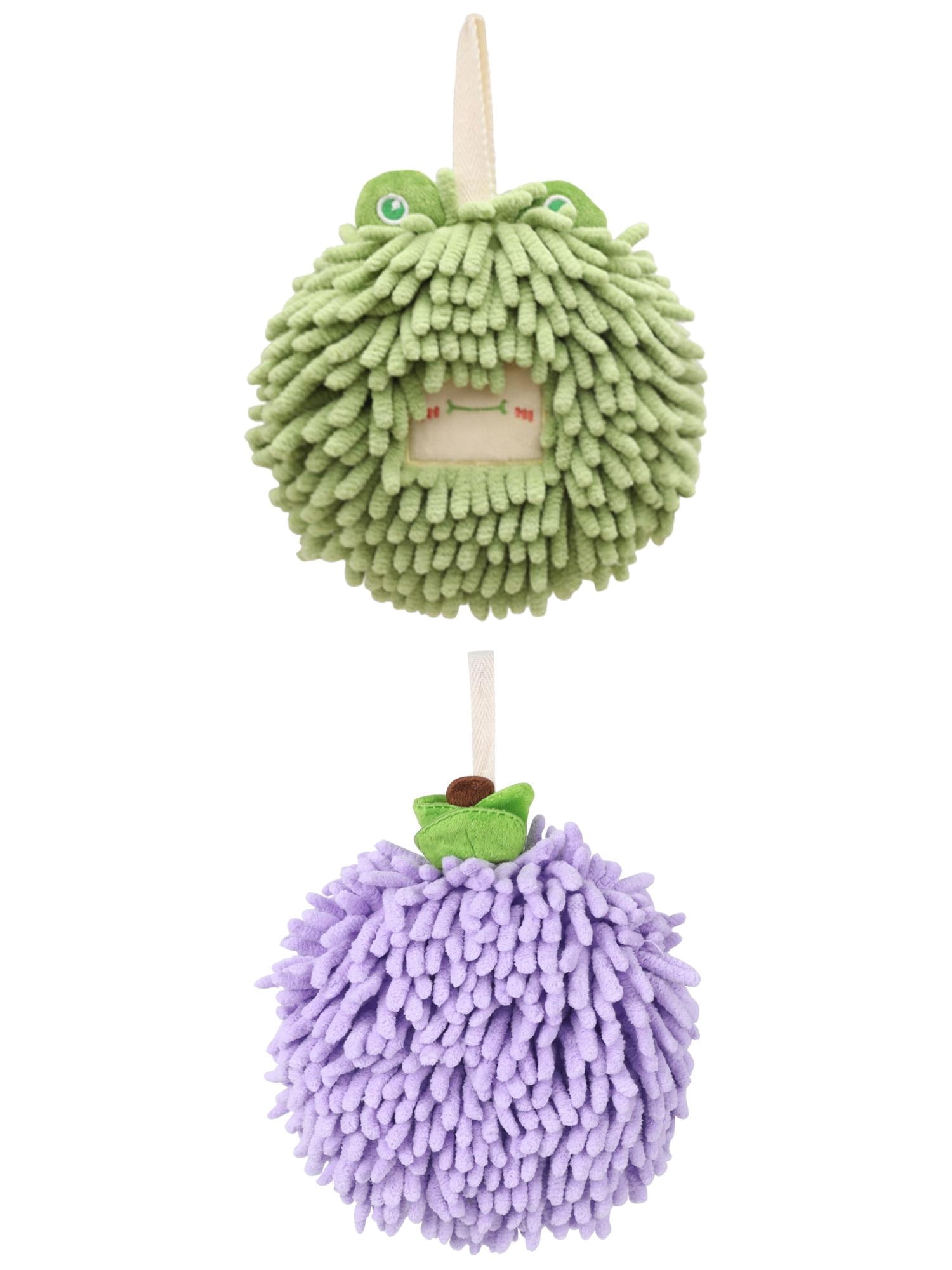 Unique Bargains Soft Chenille Ball Hand Towels 2 Pcs Purple/Green 6" x 6"/7" x 7"