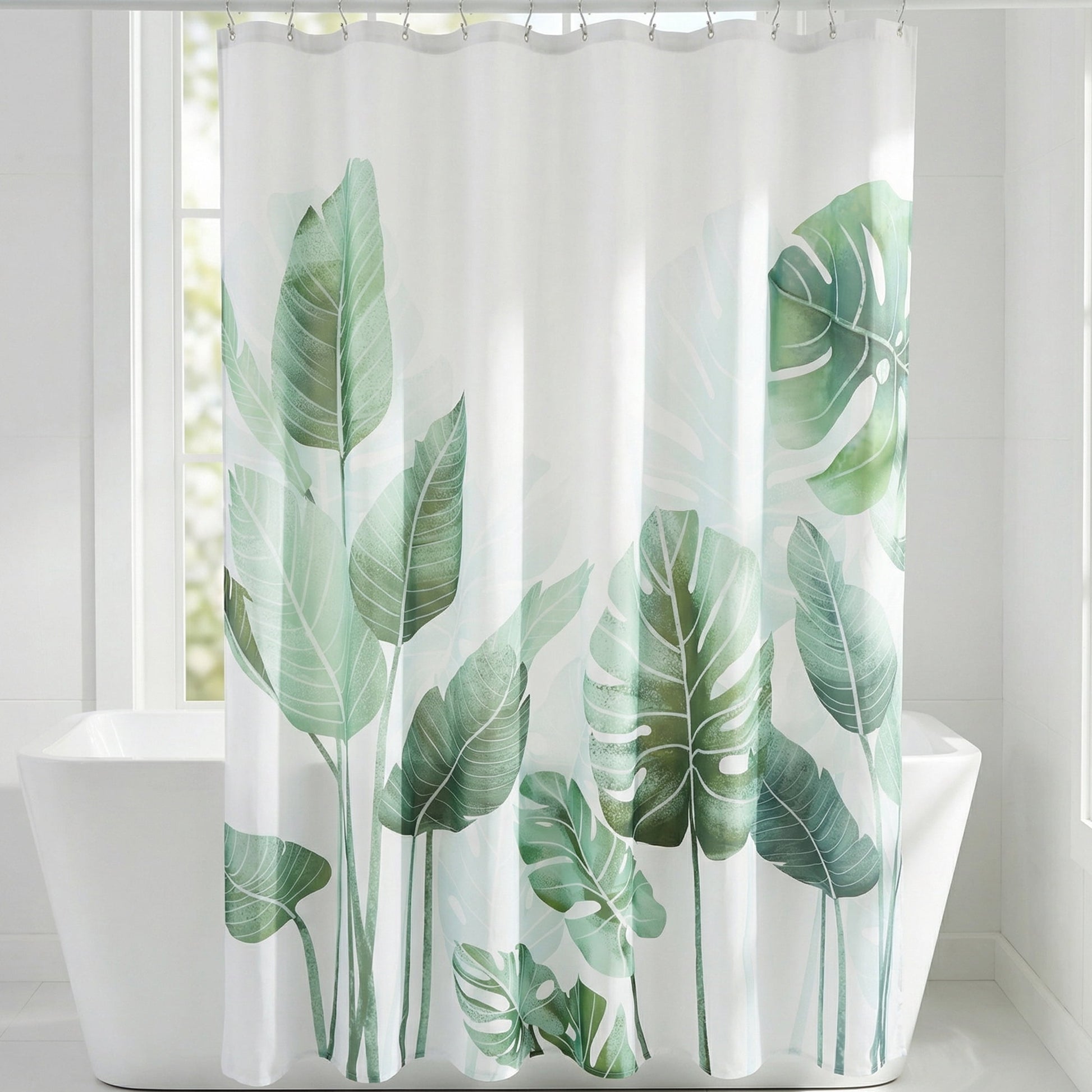 Unique Bargains Waterproof Leaf Shower Curtain Sets Hooks Green Pattern 1 71"W x 71"L
